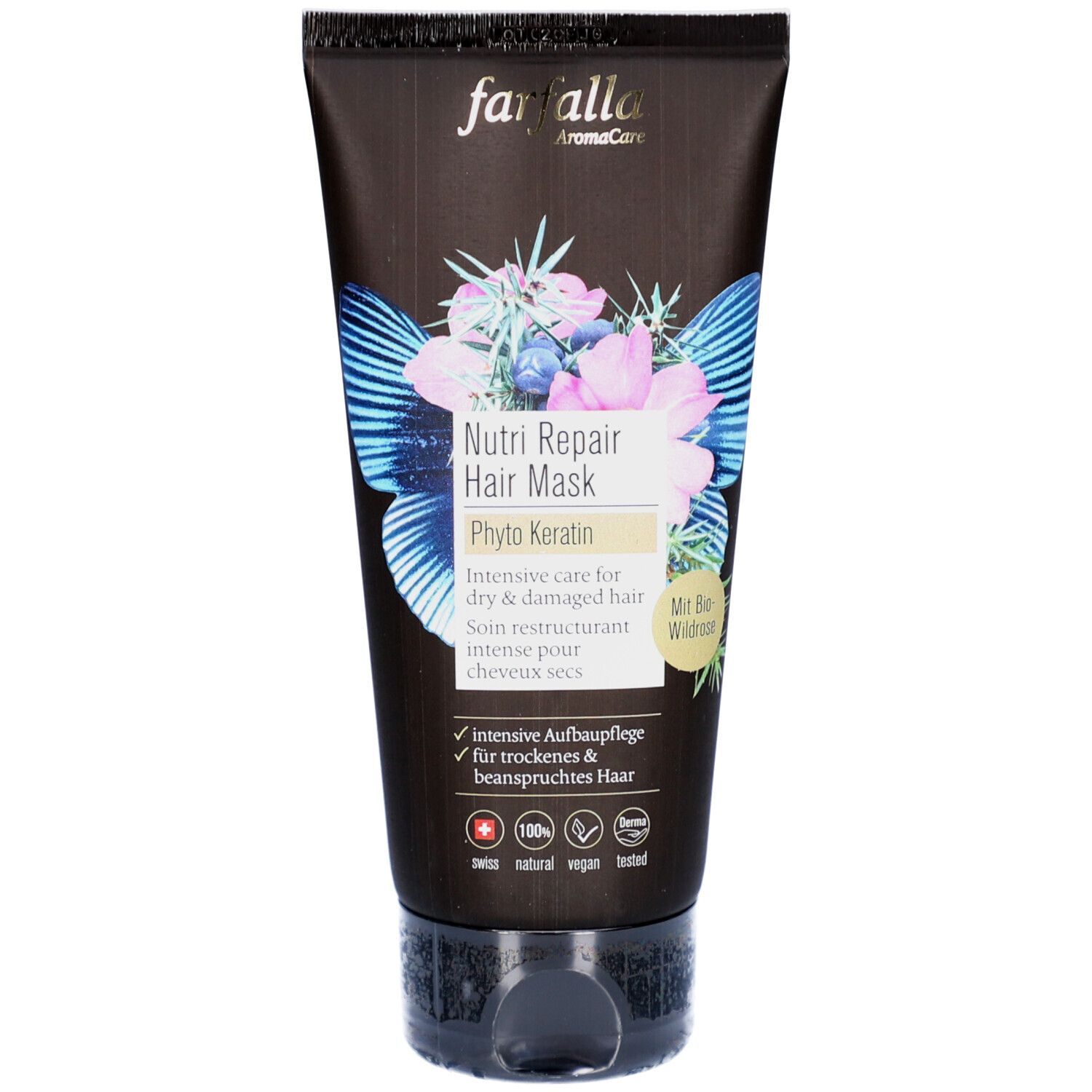 Tube de masque capillaire avec motif floral. Inscription : Farfalla, Nutri Repair Hair Mask, Phyto Keratin. Tube noir avec bouchon rabattable.