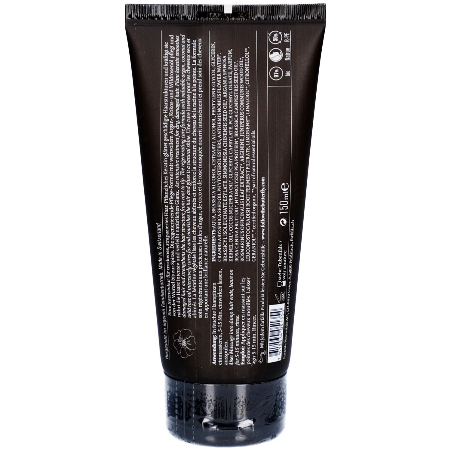 Dos du tube de masque capillaire. Texte : ingrédients, instructions d'utilisation, informations fabricant. Tube noir avec bouchon rabattable.