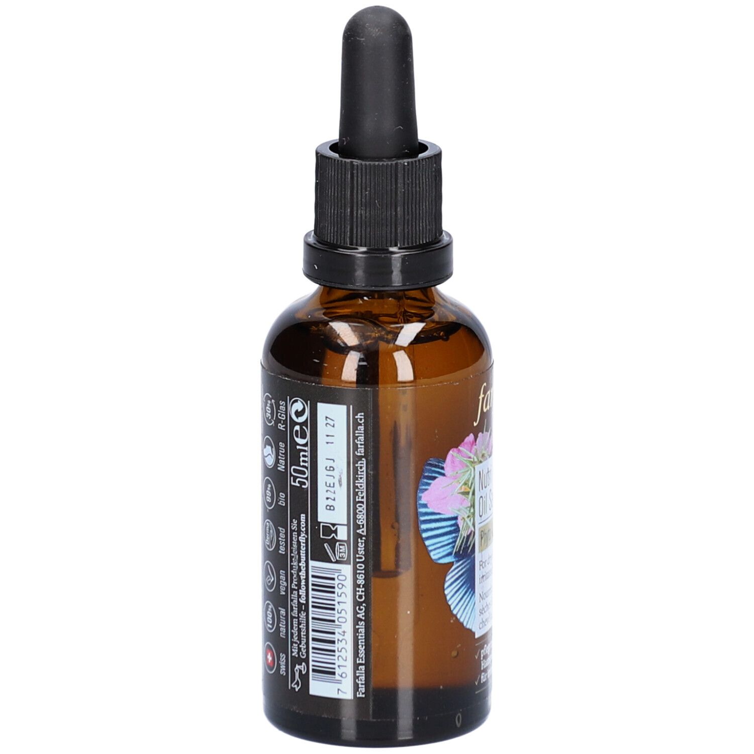 Flacon en verre brun avec bouchon noir et pipette. Dos avec texte, code-barres et informations sur la marque et les ingrédients.