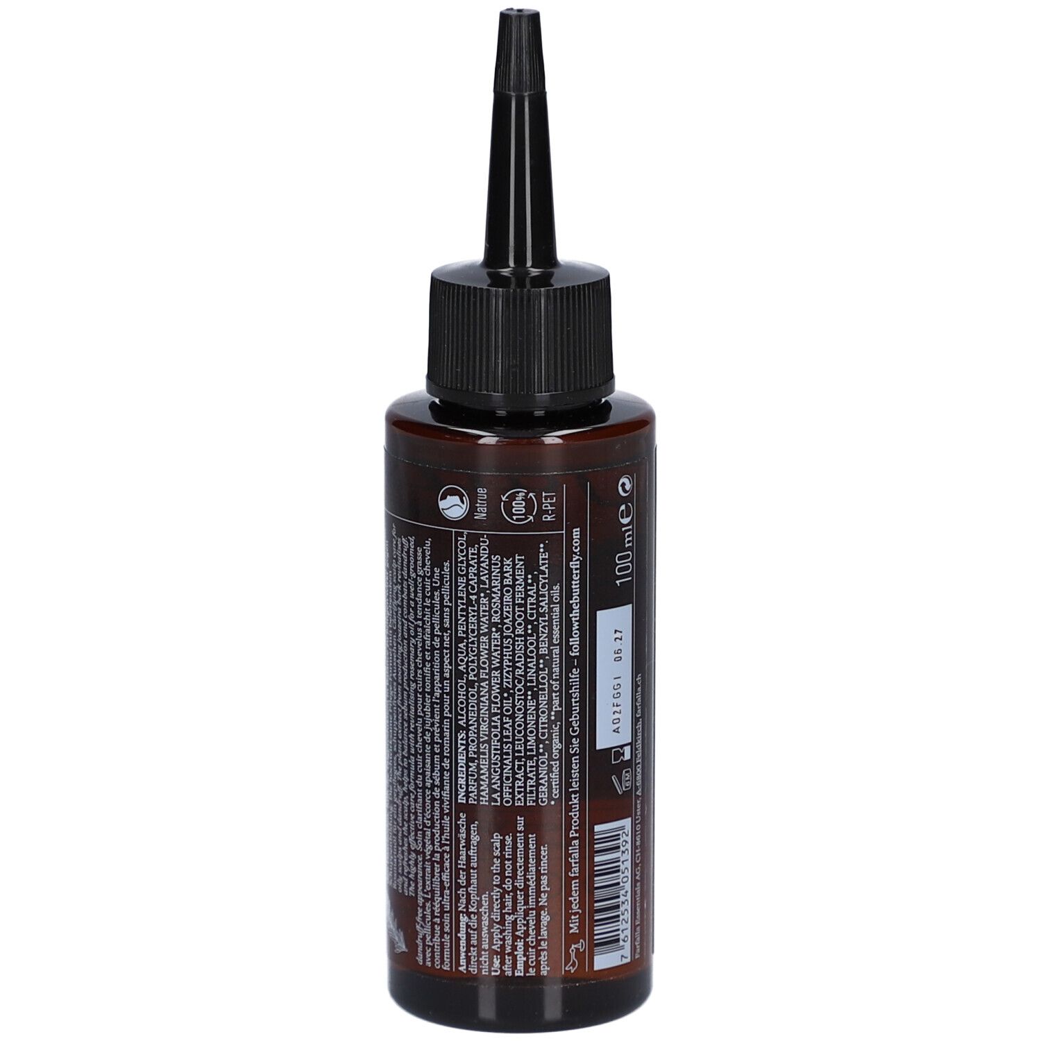 Flacon brun avec applicateur noir. Dos avec informations sur le produit et ingrédients.