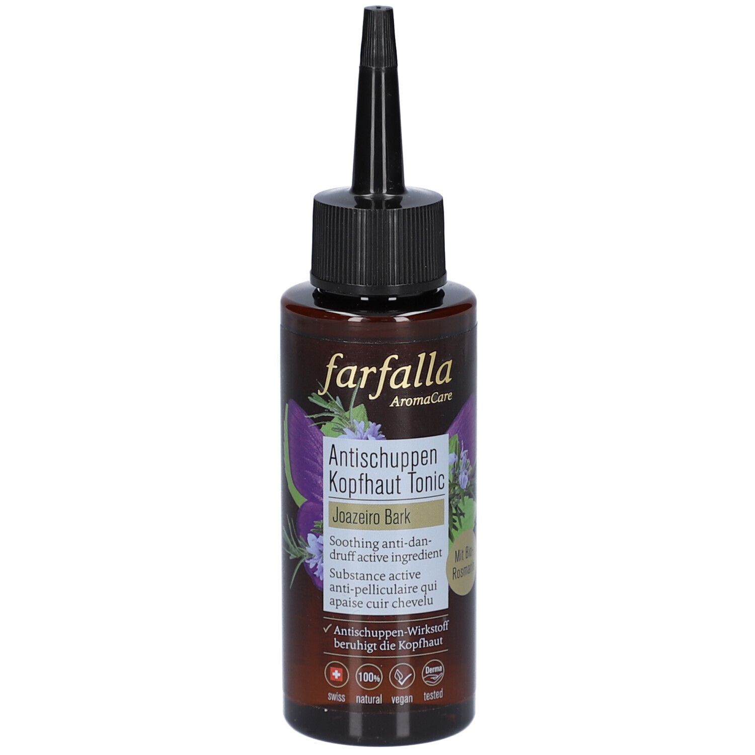 Flacon brun avec applicateur noir. Inscription: Farfalla, Tonic antipelliculaire pour le cuir chevelu. Vegan.