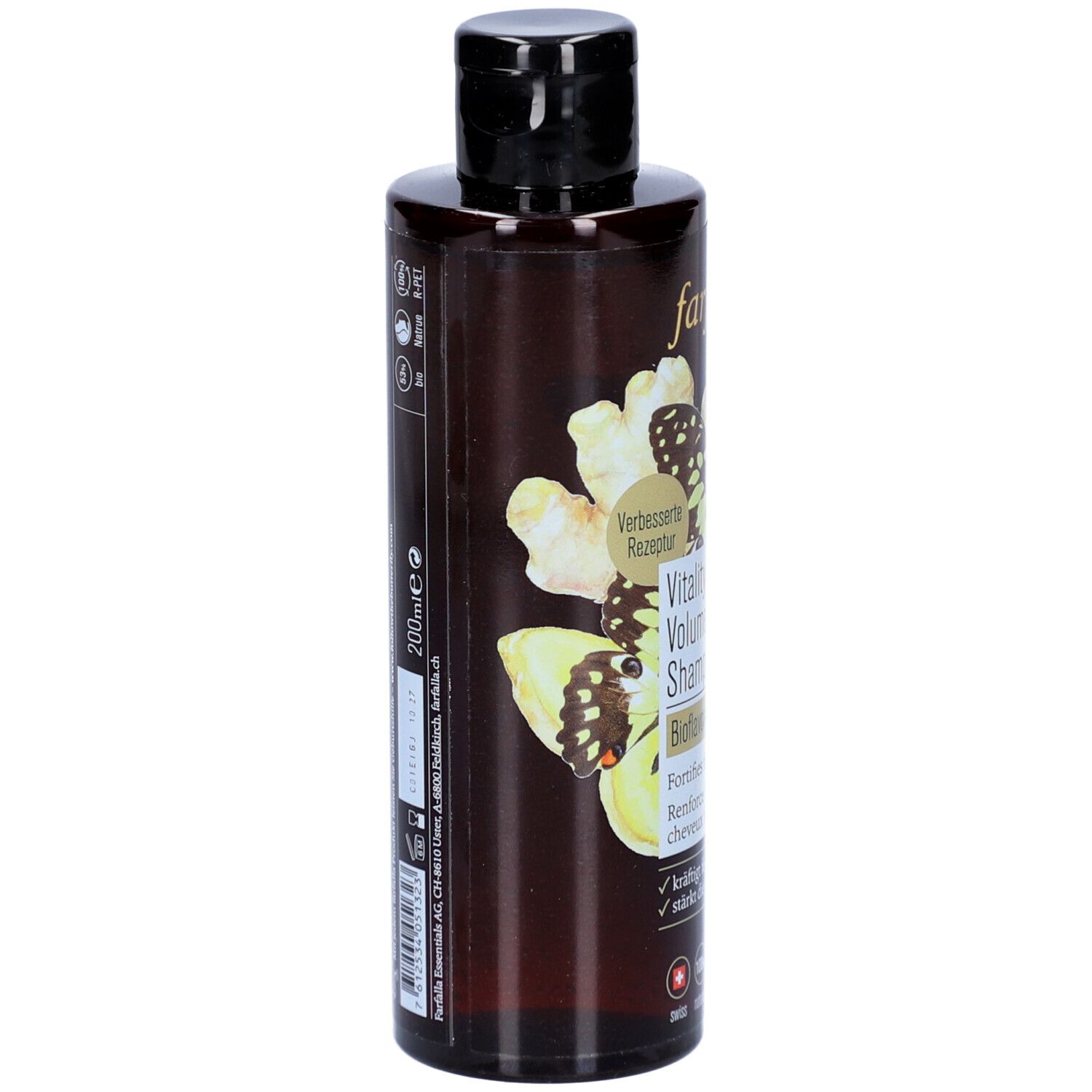 Dos d'un flacon de shampooing brun avec bouchon noir. Texte : 200ml, ingrédients, informations fabricant, logos.