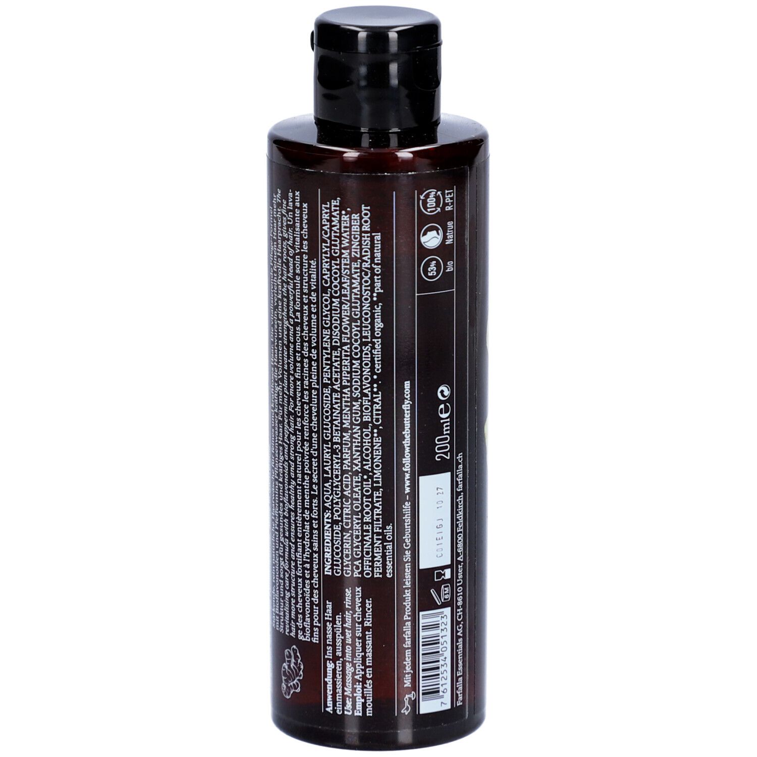 Dos d'un flacon de shampooing brun avec bouchon noir. Texte : ingrédients, informations fabricant, logos.