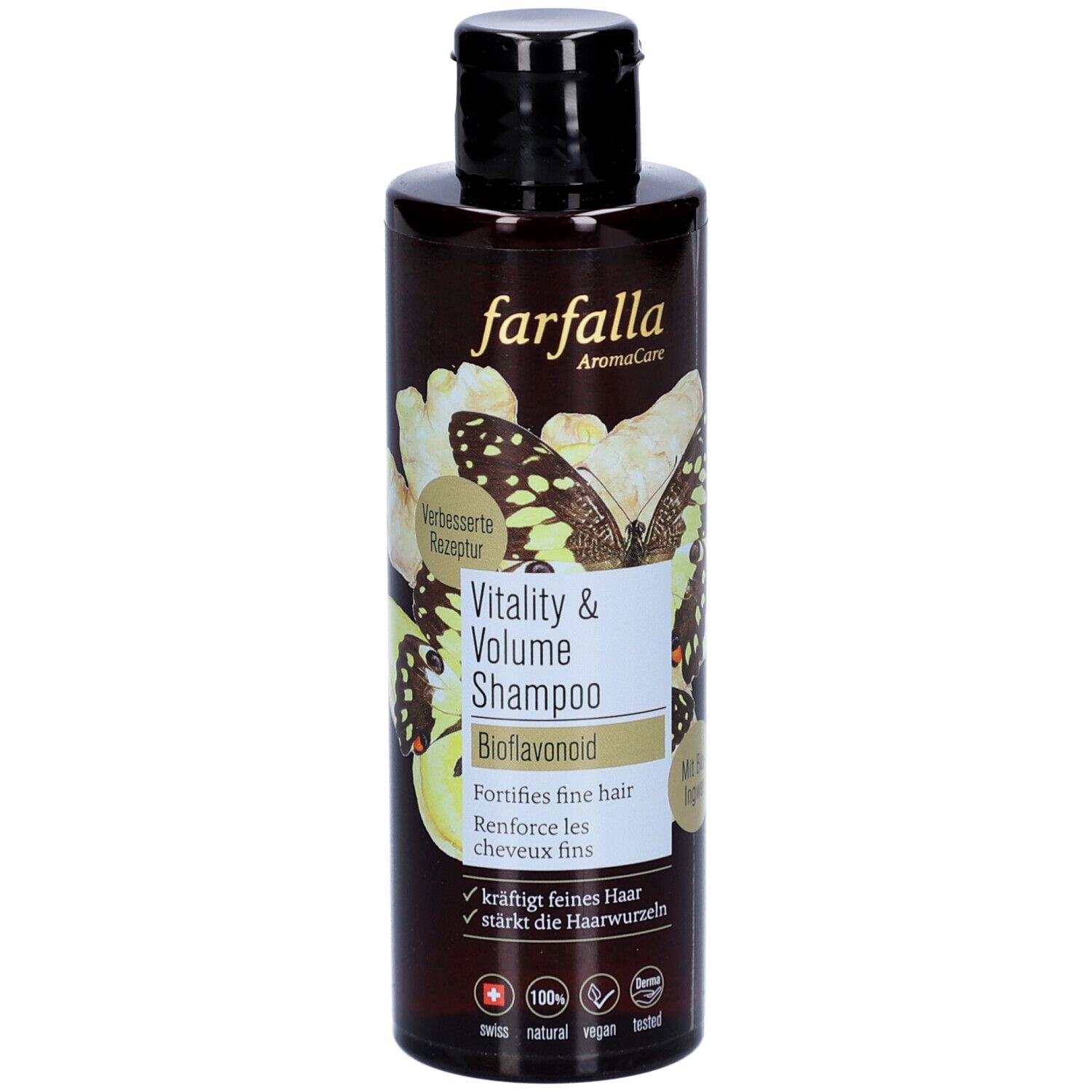 Flacon de shampooing brun avec bouchon noir. Inscription : farfalla AromaCare, Vitality & Volume Shampoo, Bioflavonoid. Motif papillon.