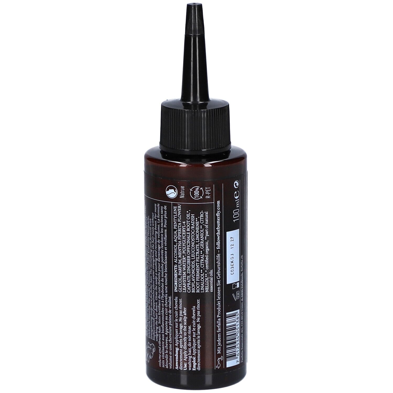 Flacon brun avec applicateur noir. Dos avec ingrédients et informations. Avec code-barres et date de production.