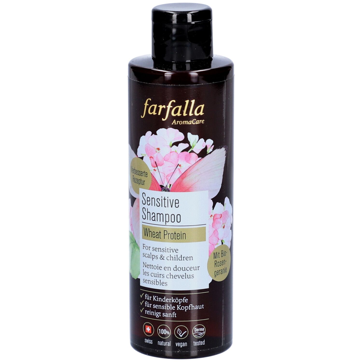 Bruine fles Farfalla Sensitive Shampoo met zwarte dop. Opschrift: Sensitive Shampoo, tarweproteïne, voor gevoelige hoofdhuid.