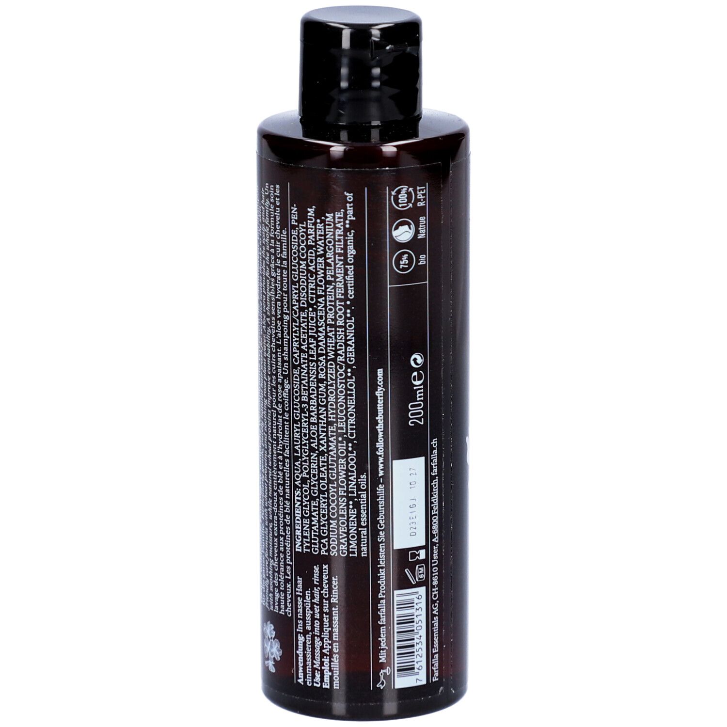 Achterkant van de bruine Farfalla shampoo fles. Tekst: ingrediënten, fabrikant informatie, 200ml. Logo's: Vegan, Swiss, Natural, getest.