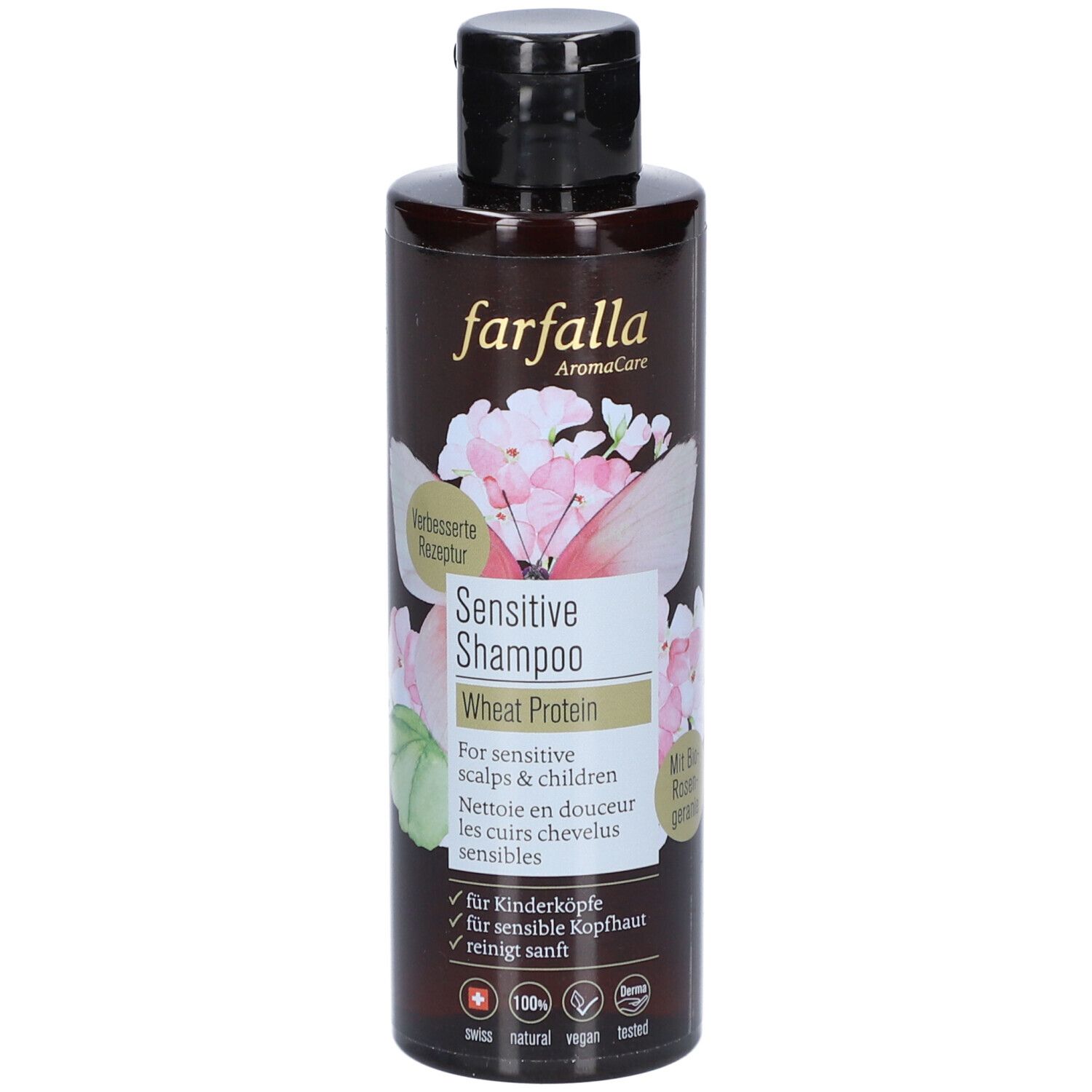 Bruine fles Farfalla Sensitive Shampoo met zwarte dop. Opschrift: Sensitive Shampoo, tarweproteïne, voor gevoelige hoofdhuid.