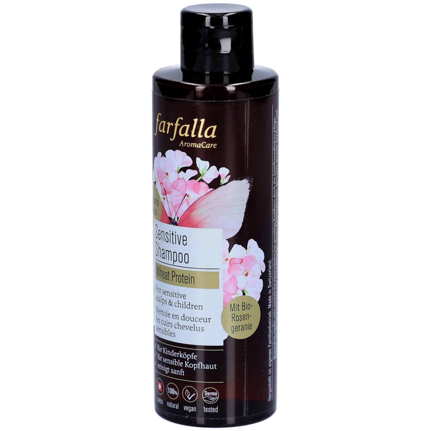 Bruine fles Farfalla Sensitive Shampoo met zwarte dop. Opschrift: Sensitive Shampoo, tarweproteïne, voor gevoelige hoofdhuid.