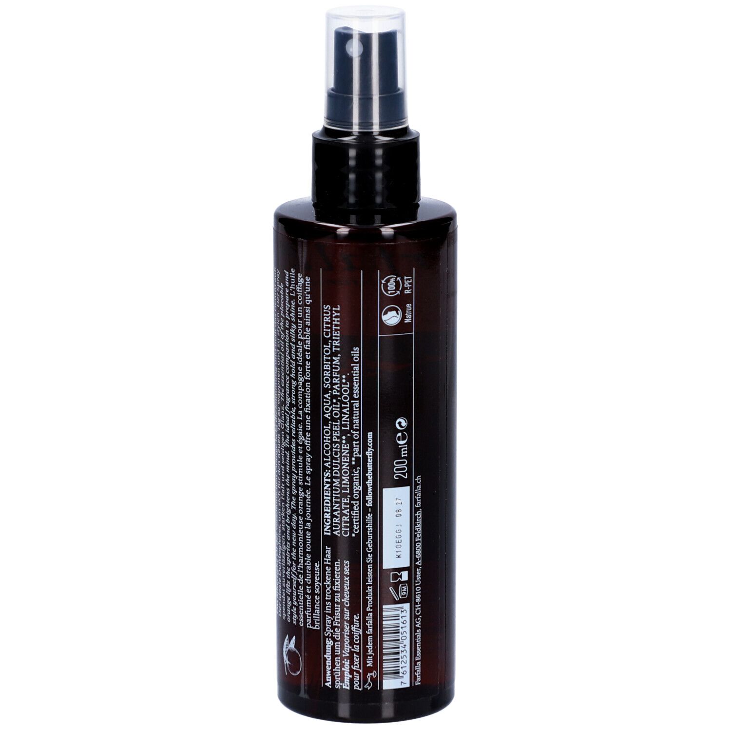 Dos du flacon spray brun. Texte avec ingrédients et informations fabricant. Tête de pulvérisation noire.