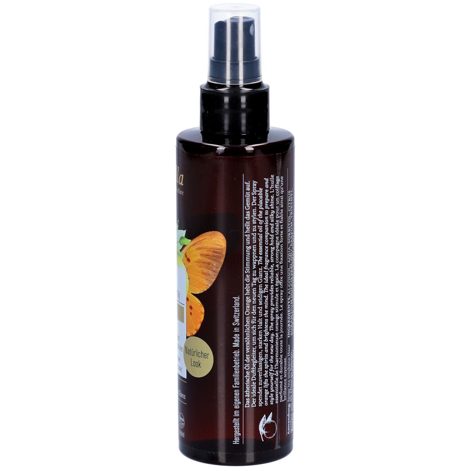 Dos du flacon spray brun. Texte avec ingrédients et informations fabricant. Tête de pulvérisation noire.