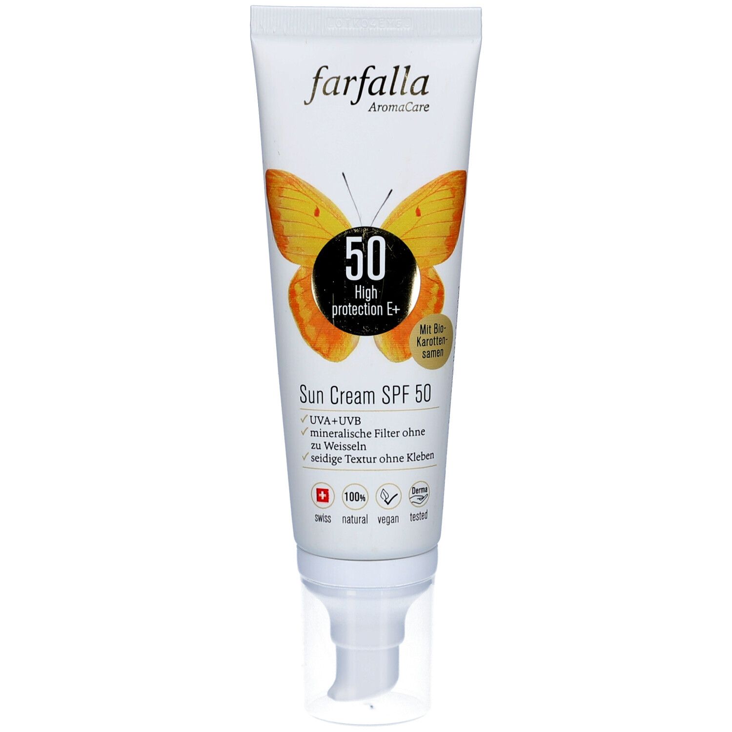 Farfalla zonnecrème tube SPF 50. Vlinder afbeelding. Minerale filters. Met biologische wortelolie. Lichte textuur.