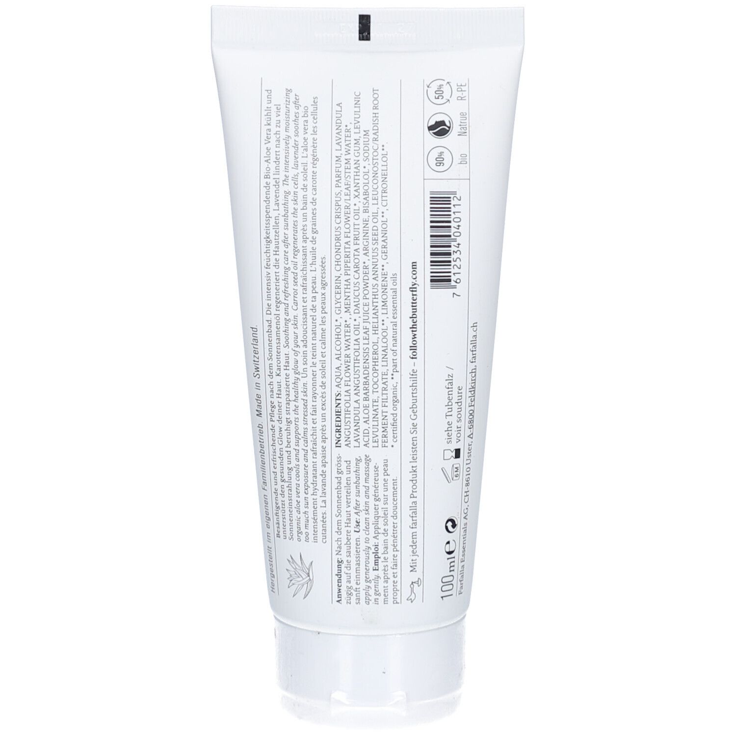 Dos du tube blanc. Texte, ingrédients, logos et code-barres. 100 ml.