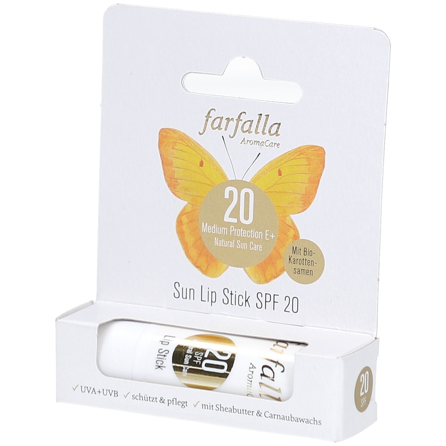 Farfalla Sun Lip Stick SPF 20 in verpakking. Witte stick, gele logo, tekst: Medium Protection E+, Natural Sun Care.