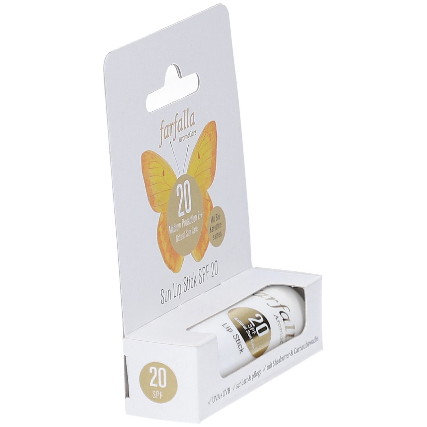 Farfalla Sun Lip Stick SPF 20 in verpakking. Witte stick, gele logo, tekst: Medium Protection E+, Natural Sun Care.