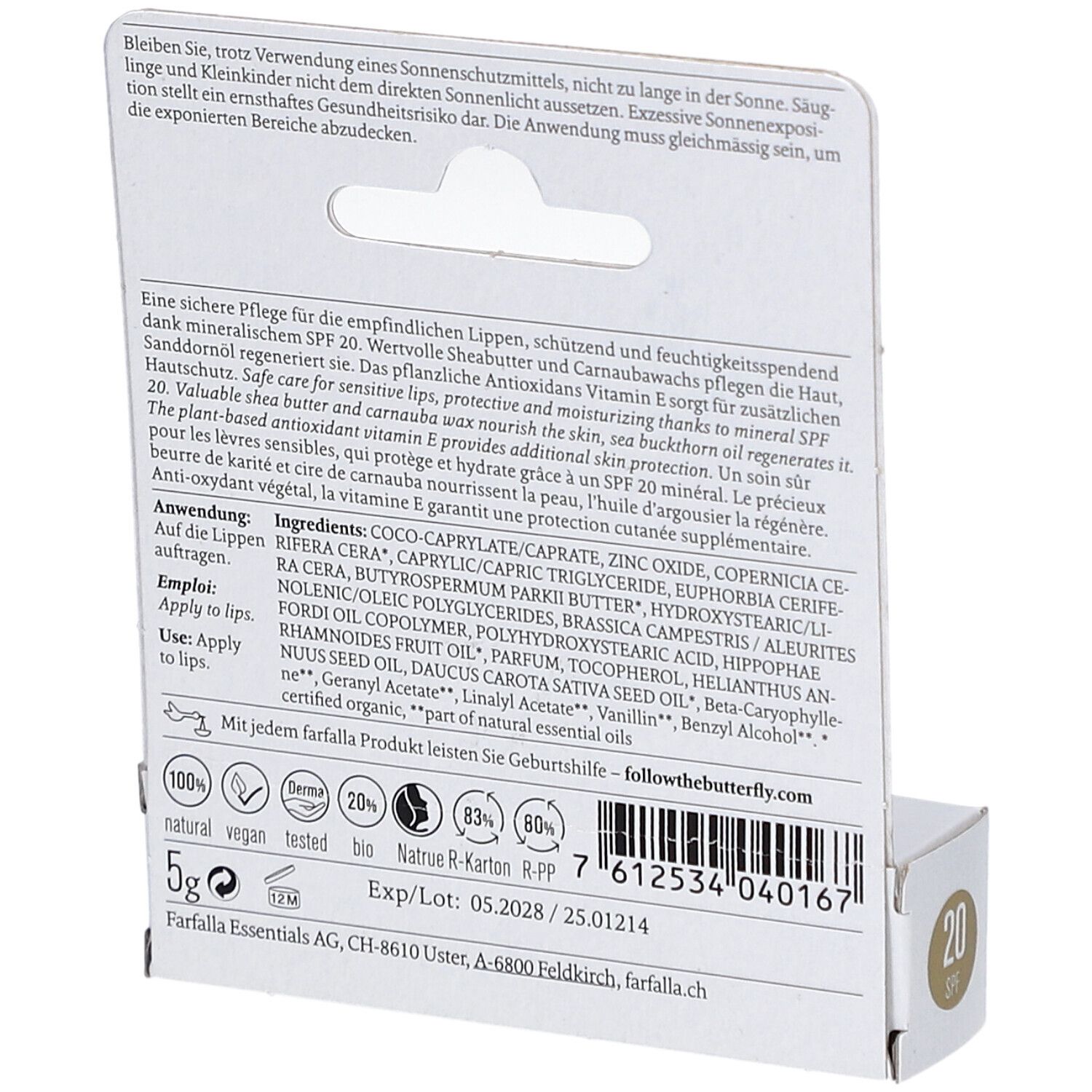 Achterkant van de verpakking. Tekst: ingrediënten, gebruik, 5g. Logo's: vegan, Natrue, 80% bio, etc. Farfalla Essentials.