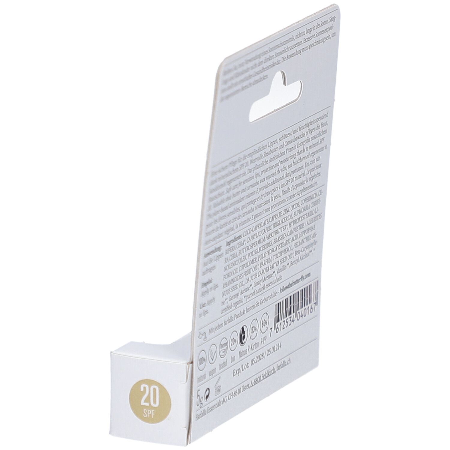 Achterkant van de verpakking. Tekst, ingrediënten, gebruik, 5g. Logo's: vegan, Natrue, 80% bio, etc. Farfalla Essentials.