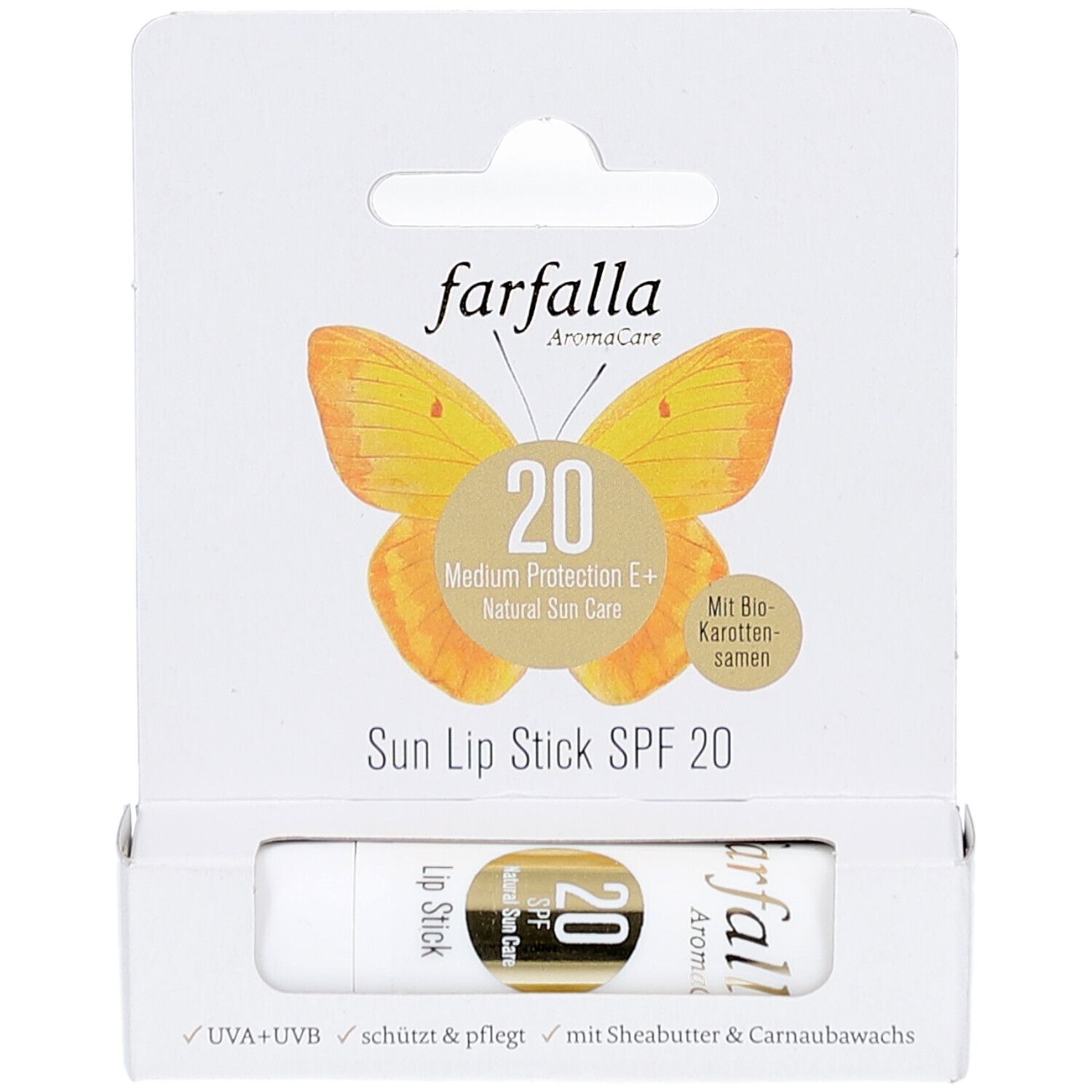 Farfalla Sun Lip Stick SPF 20 in verpakking. Witte stick, gele logo, tekst: Medium Protection E+, Natural Sun Care.