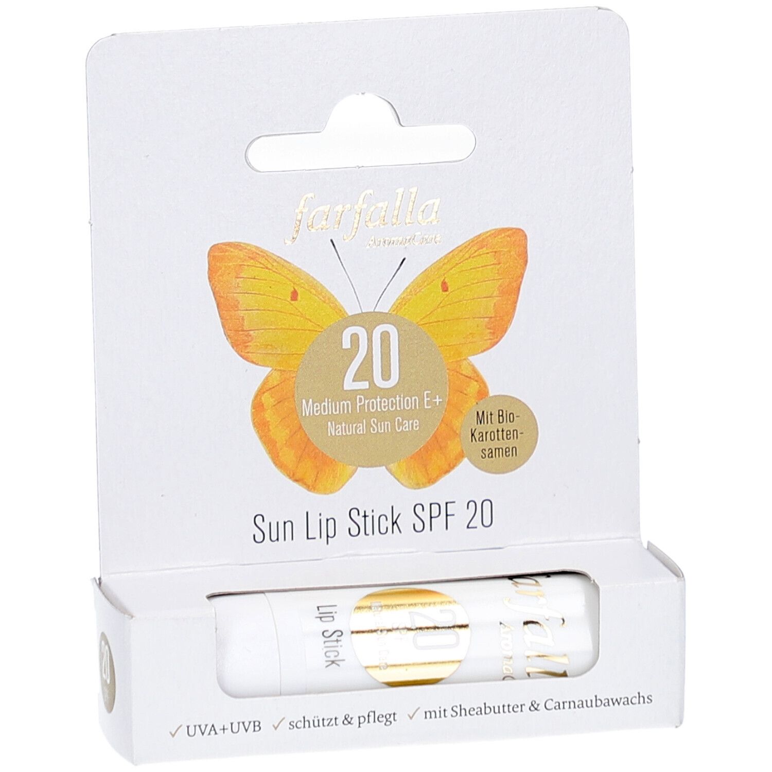 Farfalla Sun Lip Stick SPF 20 in verpakking. Witte stick, gele logo, tekst: Medium Protection E+, Natural Sun Care.