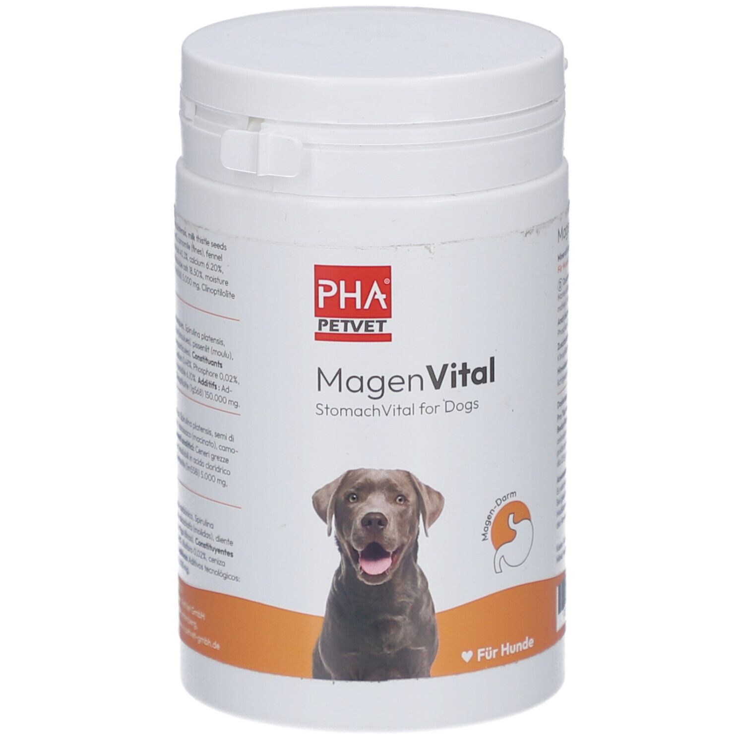 Witte pot met deksel. Opschrift: PHA PetVet MagenVital voor honden. Afbeelding van een hond. Oranje achtergrond.