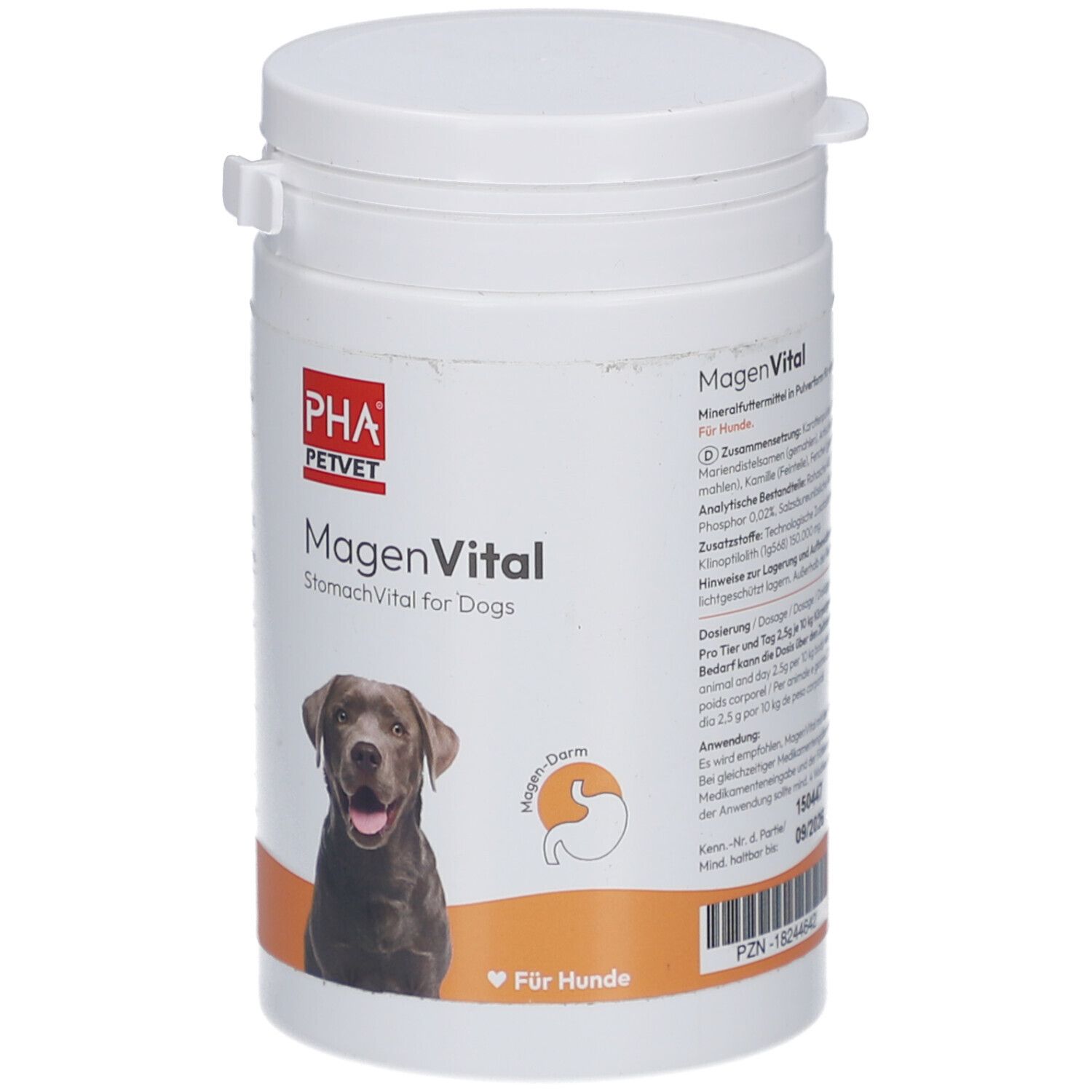 Witte pot met deksel. Opschrift: PHA PetVet MagenVital voor honden. Afbeelding van een hond. Oranje achtergrond.
