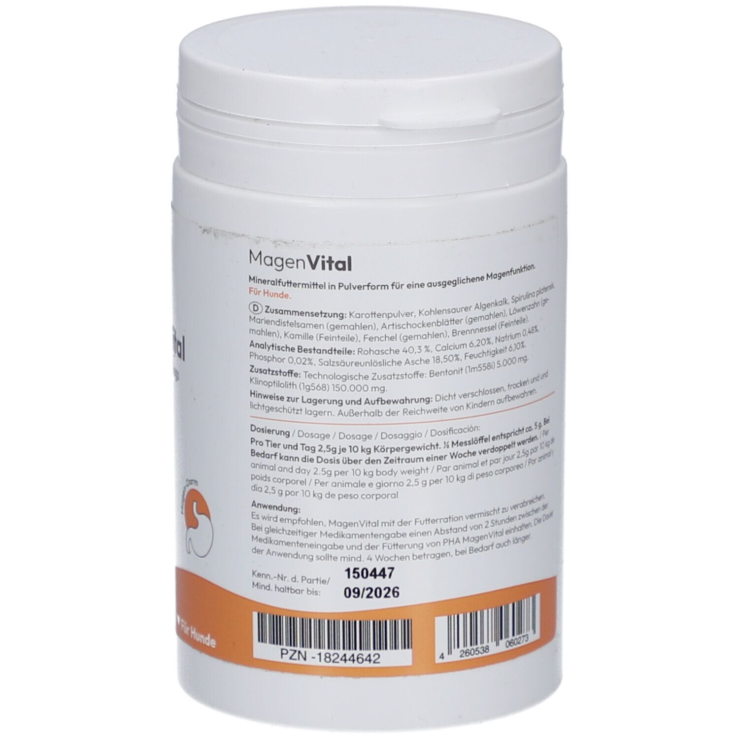 Witte pot. Achterkant met tekst in meerdere talen. Lijst van ingrediënten en analytische bestanddelen. Oranje achtergrond.