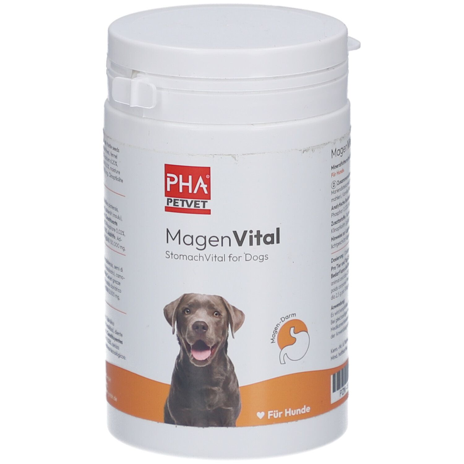 Witte pot met deksel. Opschrift: PHA PetVet MagenVital voor honden. Afbeelding van een hond. Oranje achtergrond.