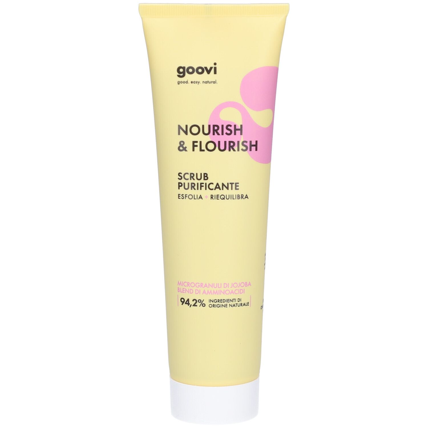 Tube jaune avec texte. Contient « Nourish & Flourish » et « Scrub Purificante ». 94,2% d'ingrédients d'origine naturelle.