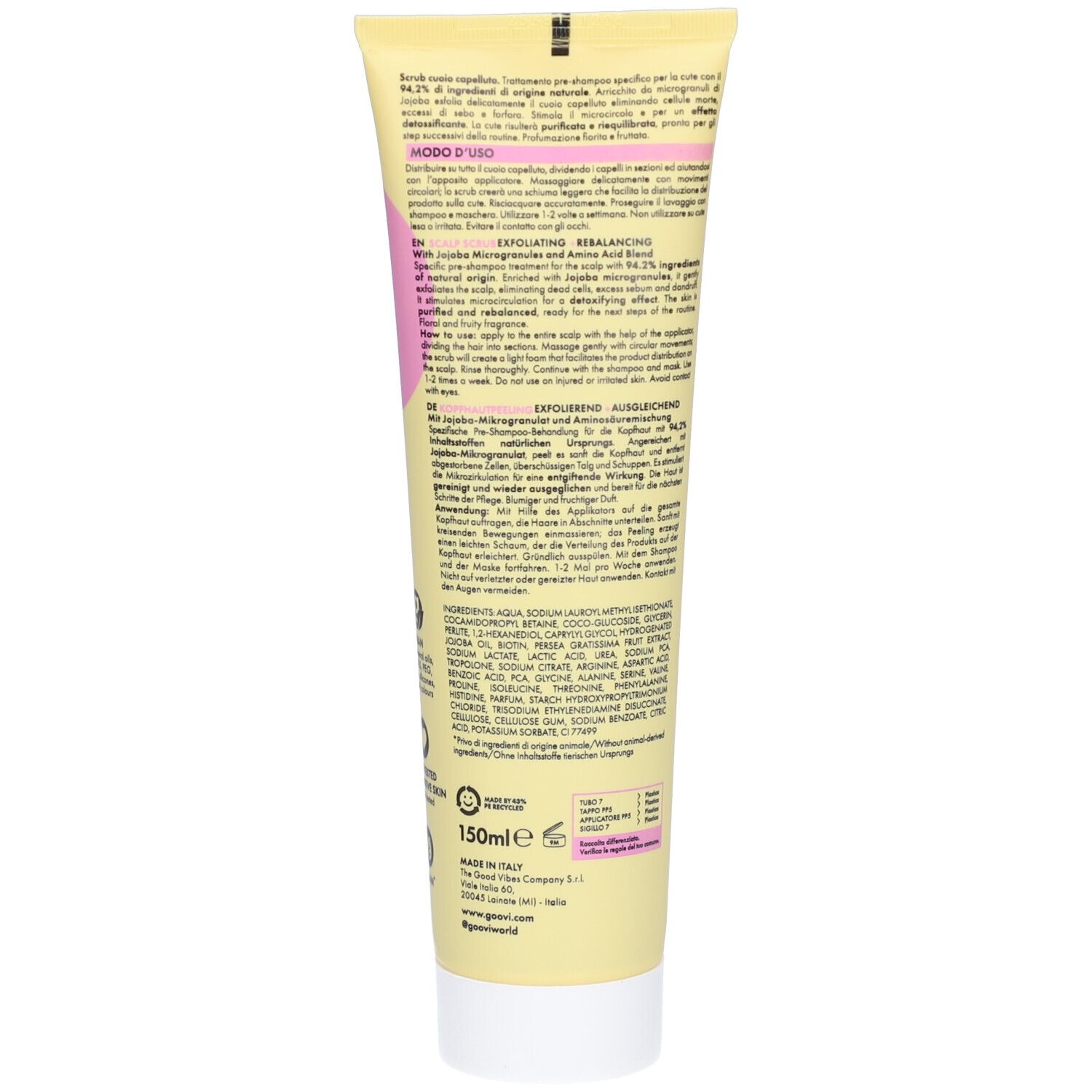 Dos du tube jaune. Contient du texte en plusieurs langues, dont les ingrédients et le mode d'emploi. 150 ml.