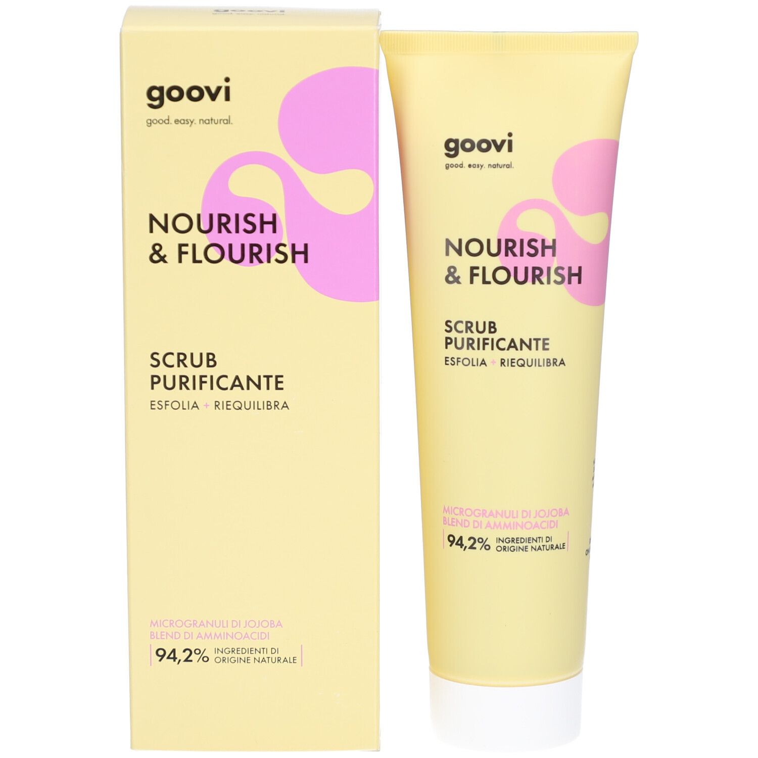 Boîte et tube jaunes. Texte : « Nourish & Flourish » et « Scrub Purificante ». 94,2% d'ingrédients naturels. Marque : Goovi.
