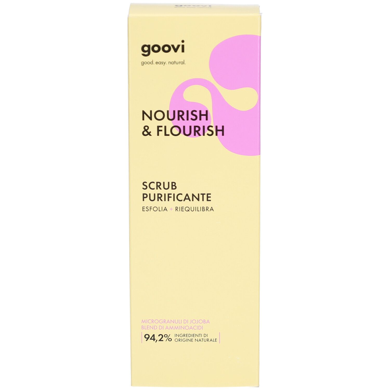 Boîte jaune avec texte du produit. Contient « Nourish & Flourish » et « Scrub Purificante ». 94,2% d'ingrédients naturels.