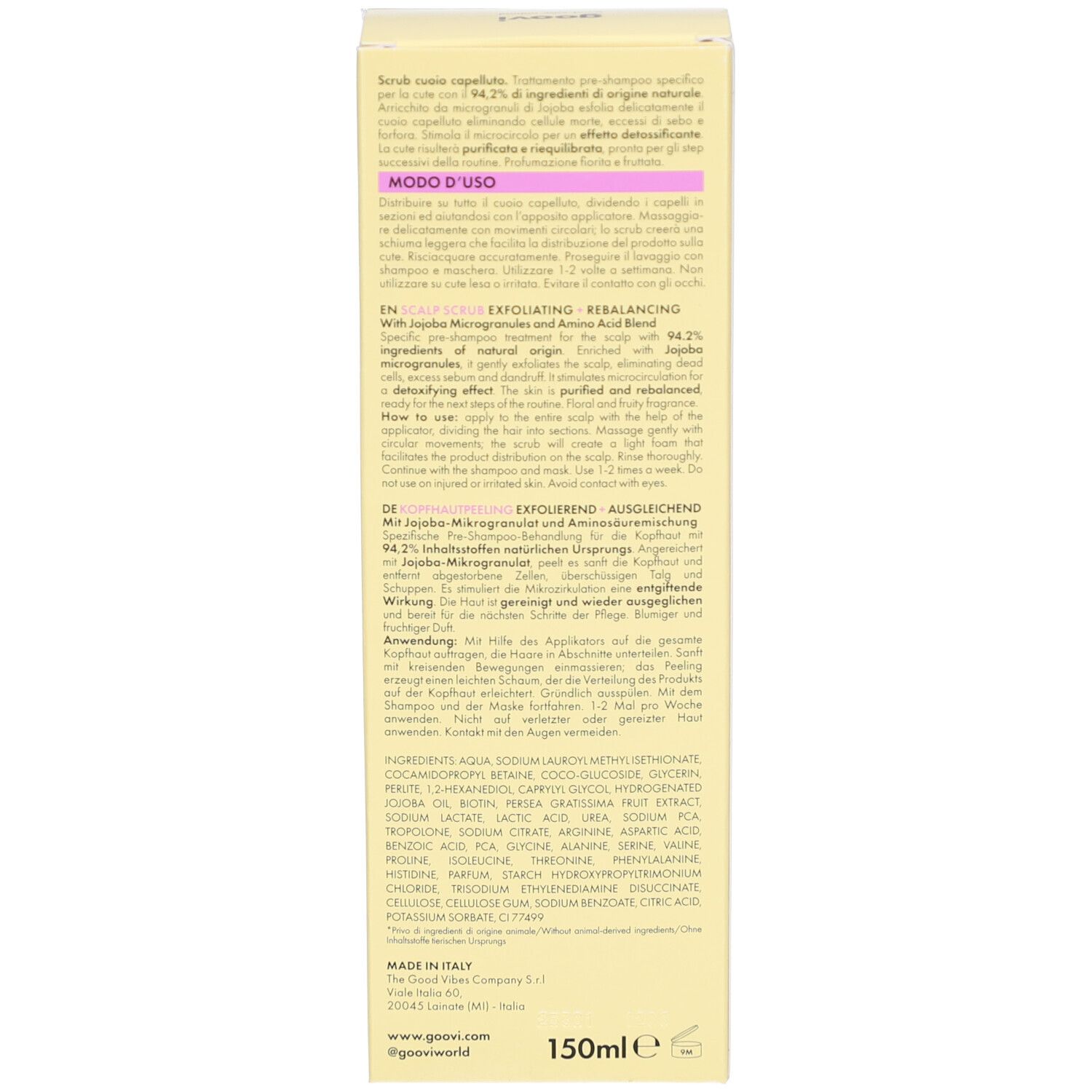 Dos de la boîte jaune. Contient du texte en plusieurs langues, dont les ingrédients et le mode d'emploi. 150 ml.