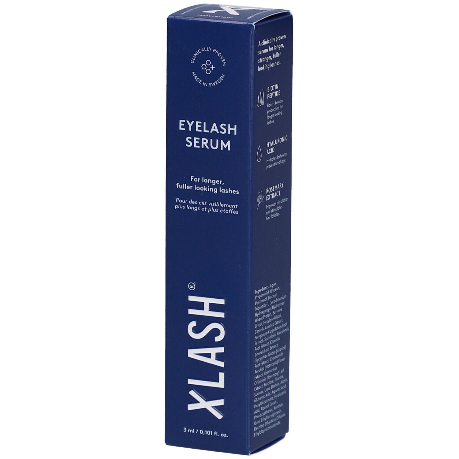Boîte bleue et blanche de Xlash Eyelash Serum. Texte : Eyelash Serum, pour des cils plus longs et plus étoffés. Contient 3 ml.