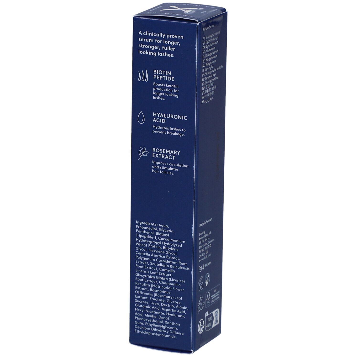 Côté de la boîte de Xlash Eyelash Serum. Texte : Ingrédients, biotine, acide hyaluronique, extrait de romarin. Cliniquement prouvé.