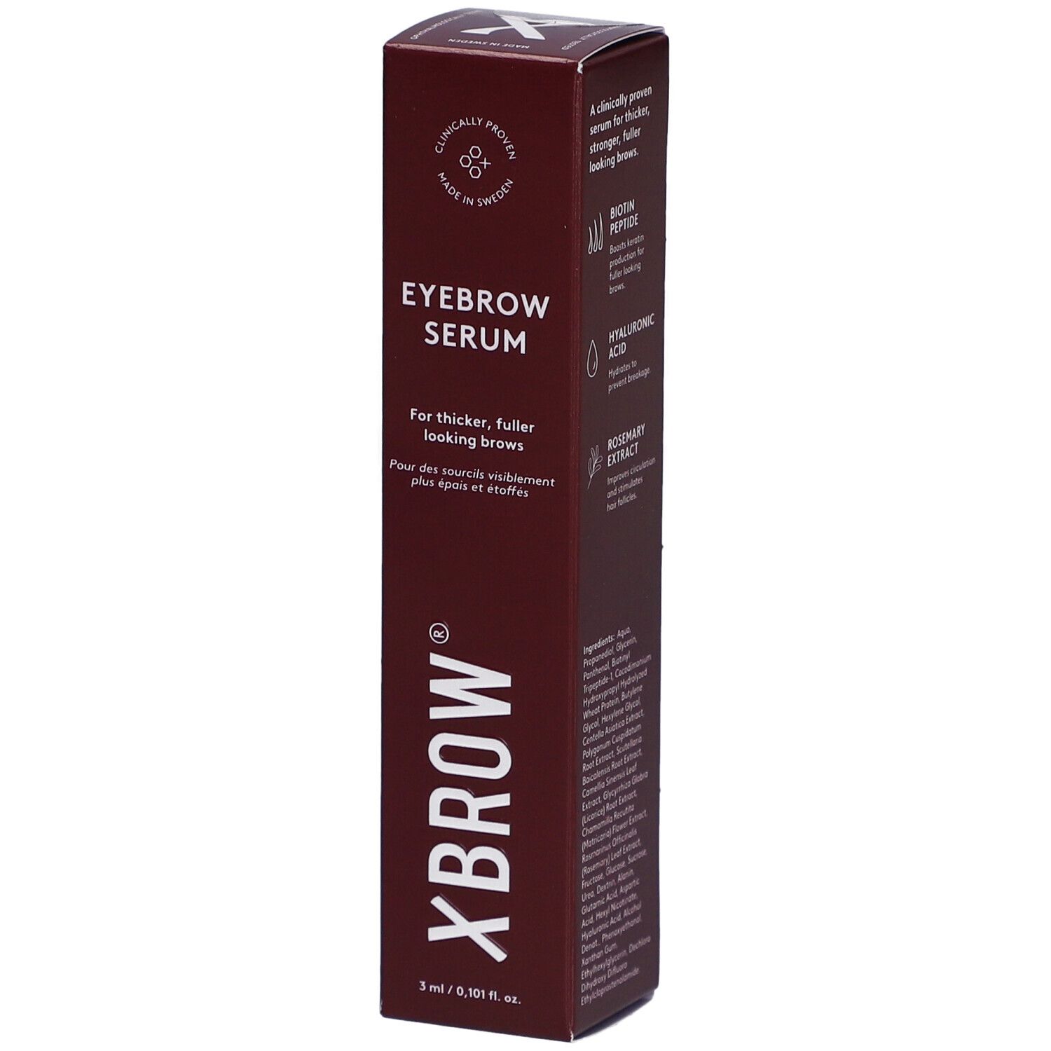 Bruine verpakking met "Xbrow Eyebrow Serum". Tekst: Voor vollere wenkbrauwen. Bevat 3 ml.
