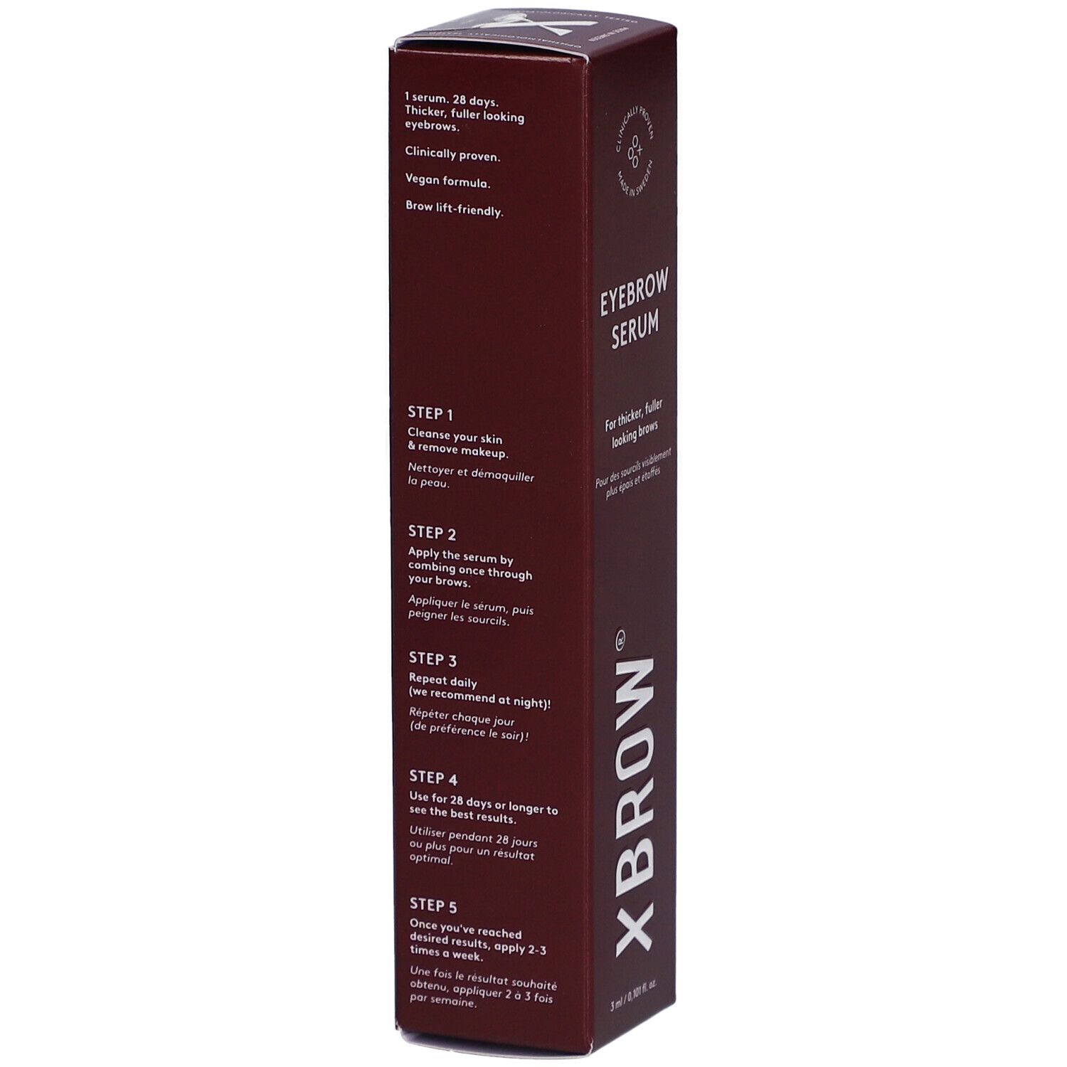 Bruine verpakking "Xbrow Eyebrow Serum". Achterkant met gebruiksaanwijzing in 5 stappen. Vegan.