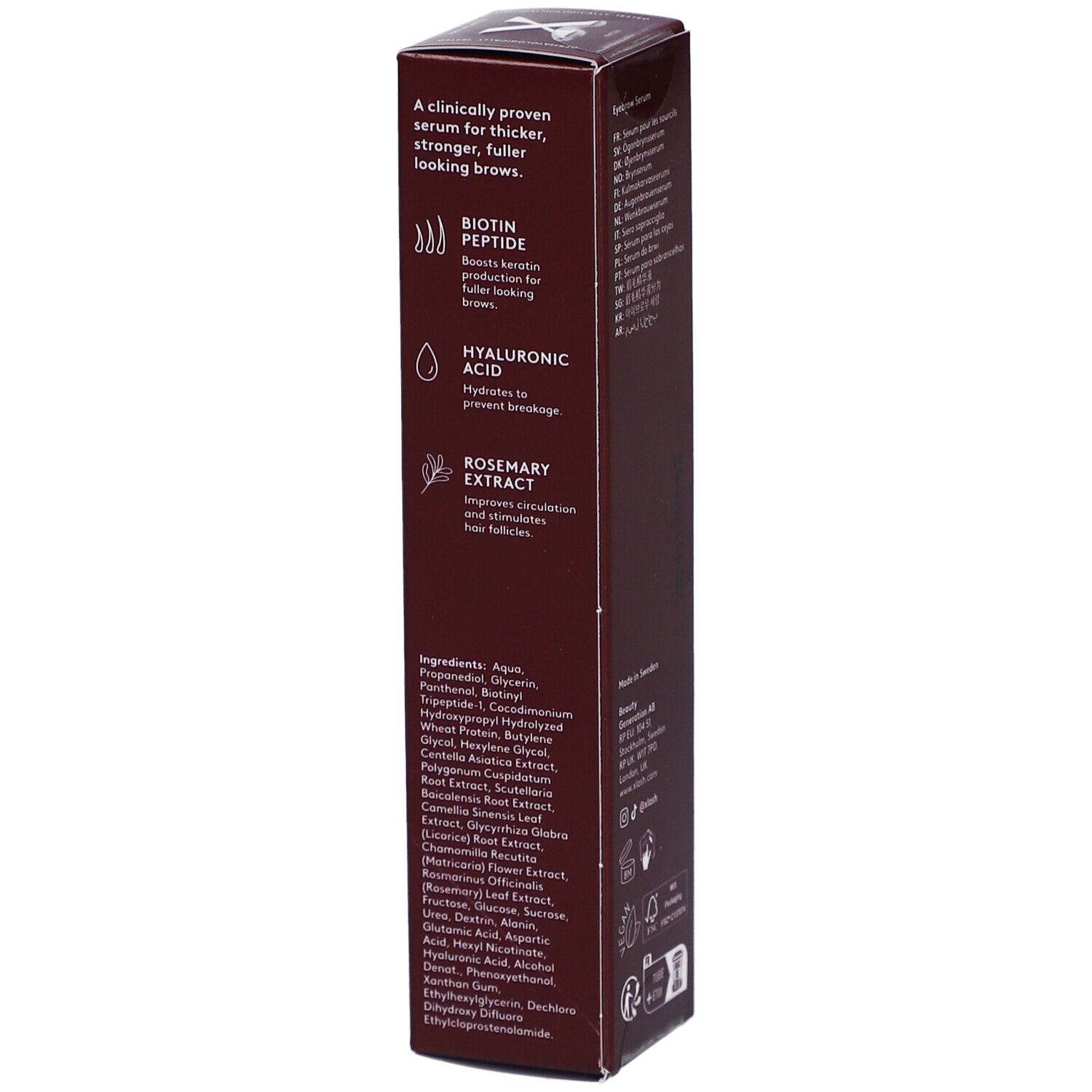 Bruine verpakking "Xbrow Eyebrow Serum". Ingrediënten en actieve stoffen: Biotine, hyaluronzuur, rozemarijn extract.