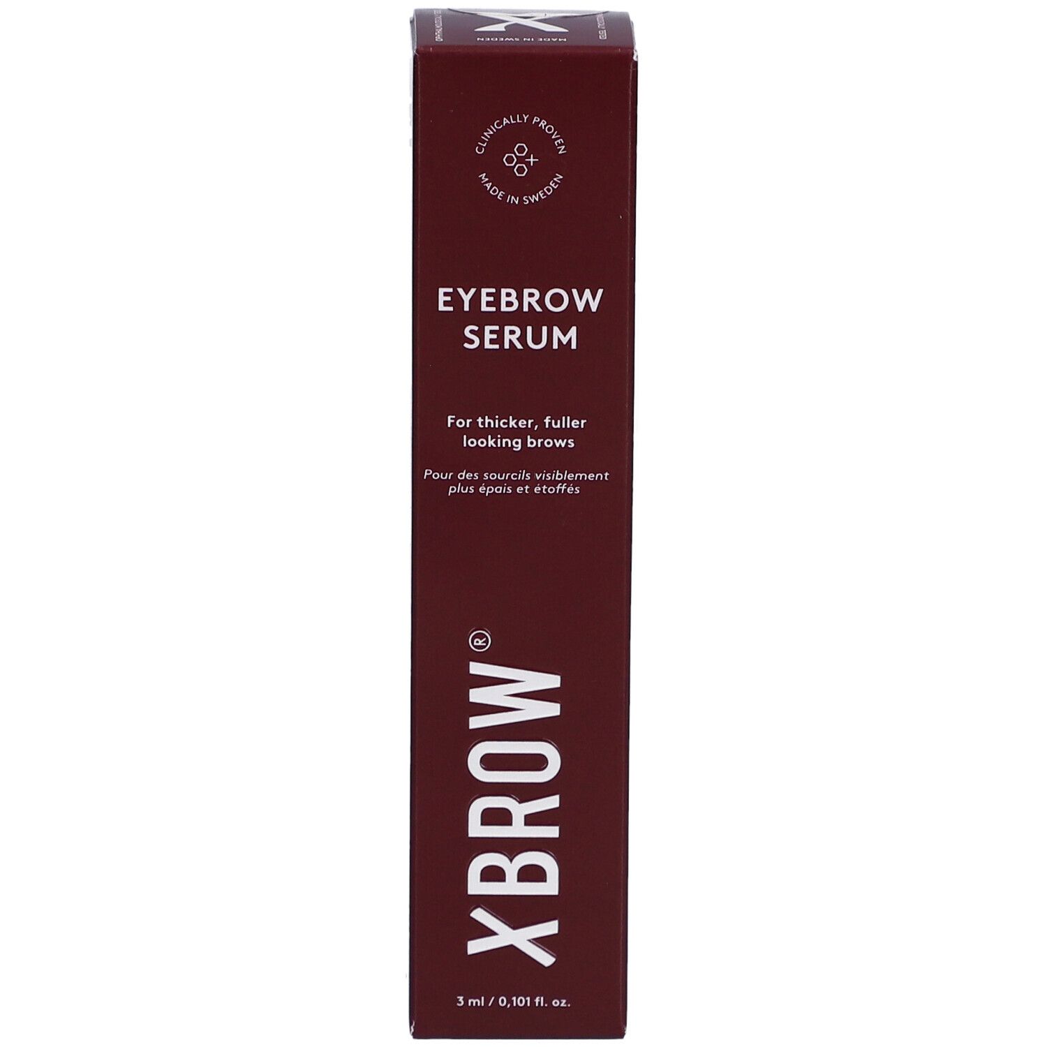 Bruine verpakking "Xbrow Eyebrow Serum". Tekst: Voor vollere wenkbrauwen. Bevat 3 ml.