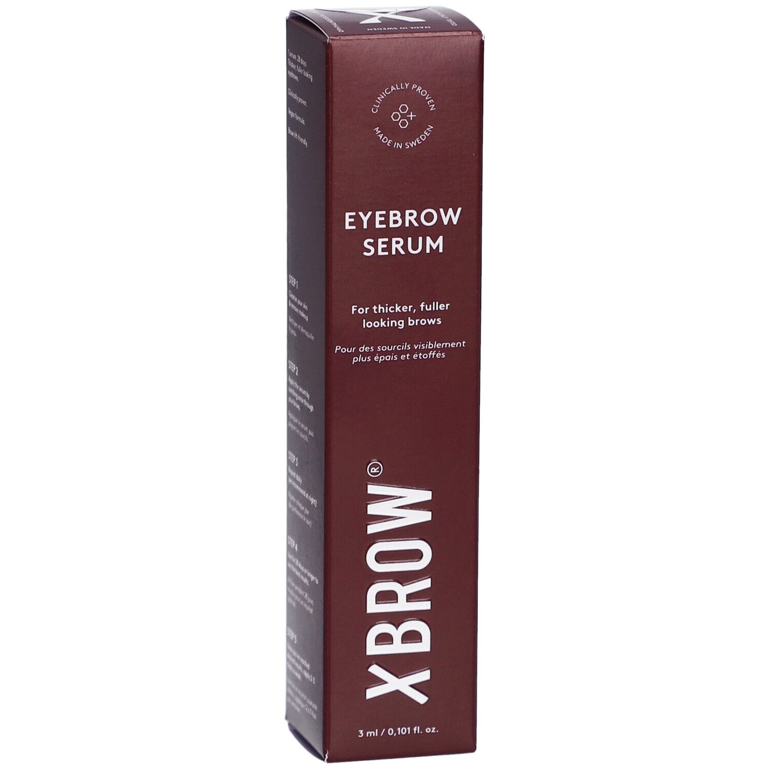 Bruine verpakking "Xbrow Eyebrow Serum". Tekst: Voor vollere wenkbrauwen. Bevat 3 ml.