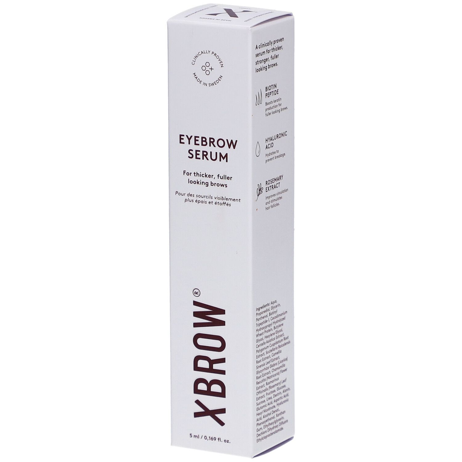 Xlash Xbrow Eyebrow Serum. Witte verpakking met productnaam en ingrediënten. Klinisch bewezen.
