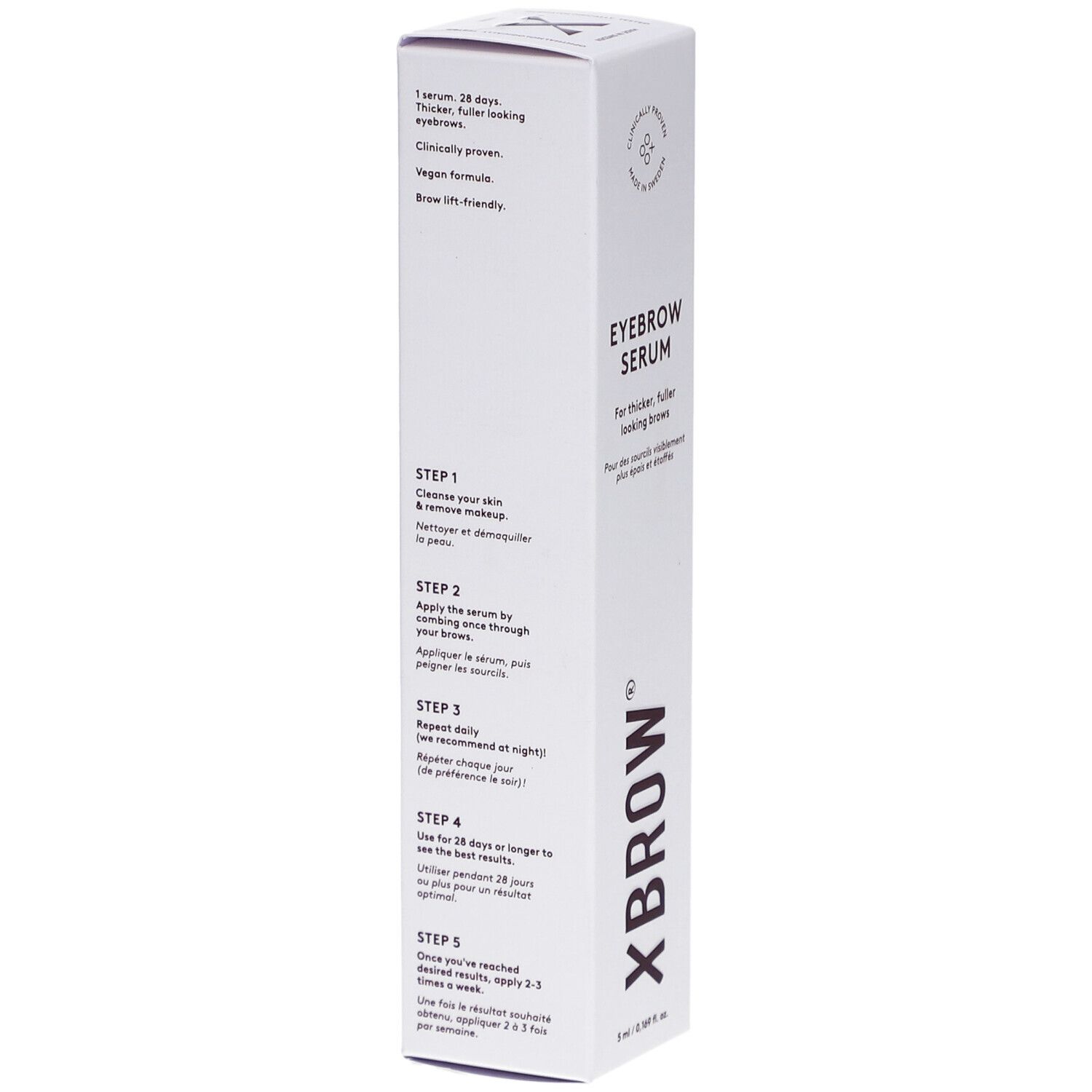 Xlash Xbrow Eyebrow Serum. Witte verpakking met gebruiksaanwijzing. Veganistisch en dierproefvrij.