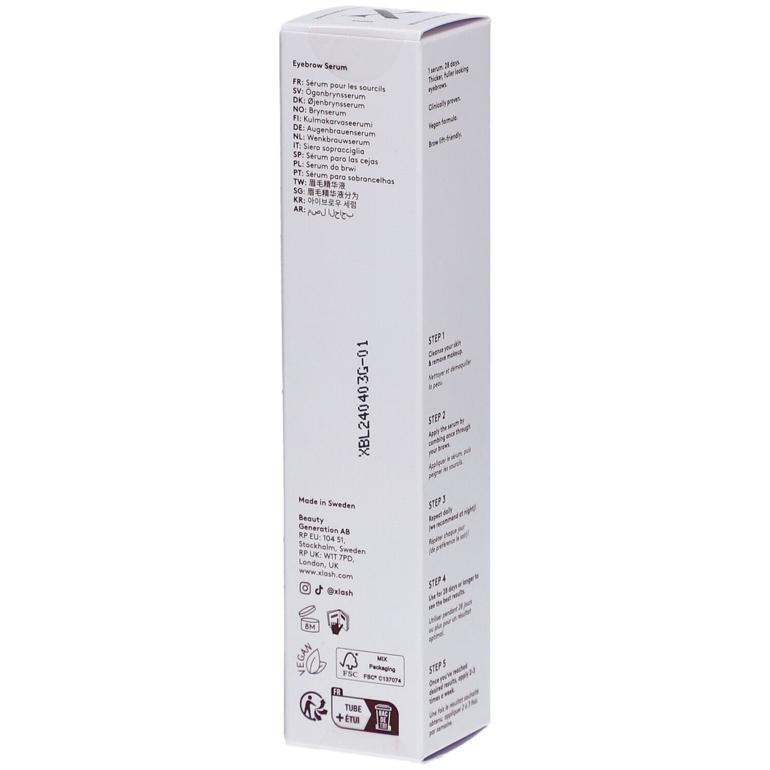 Xlash Xbrow Eyebrow Serum. Witte verpakking met productinformatie in meerdere talen.