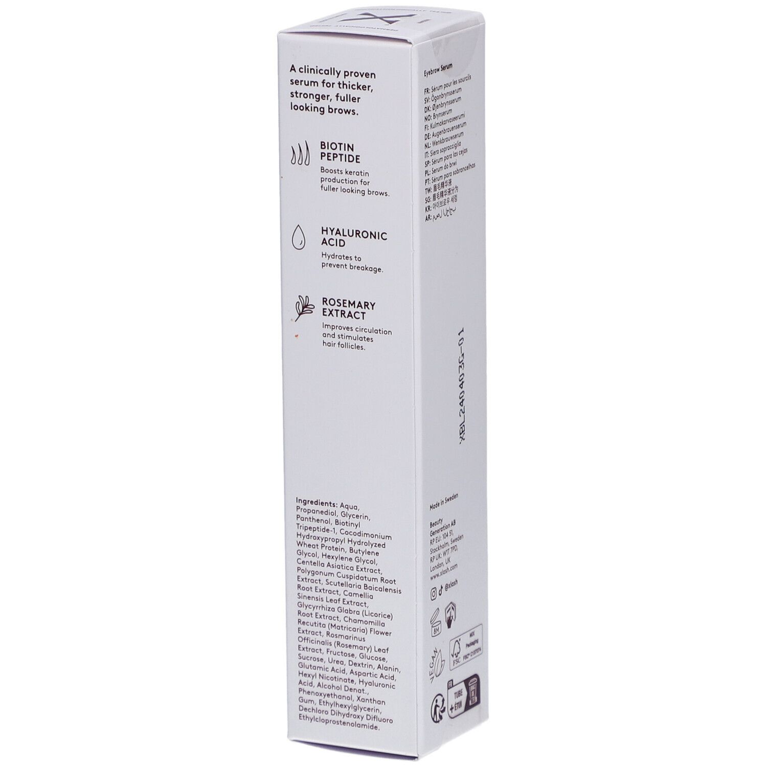 Xlash Xbrow Eyebrow Serum. Witte verpakking met ingrediënten en actieve stoffen. Klinisch bewezen.