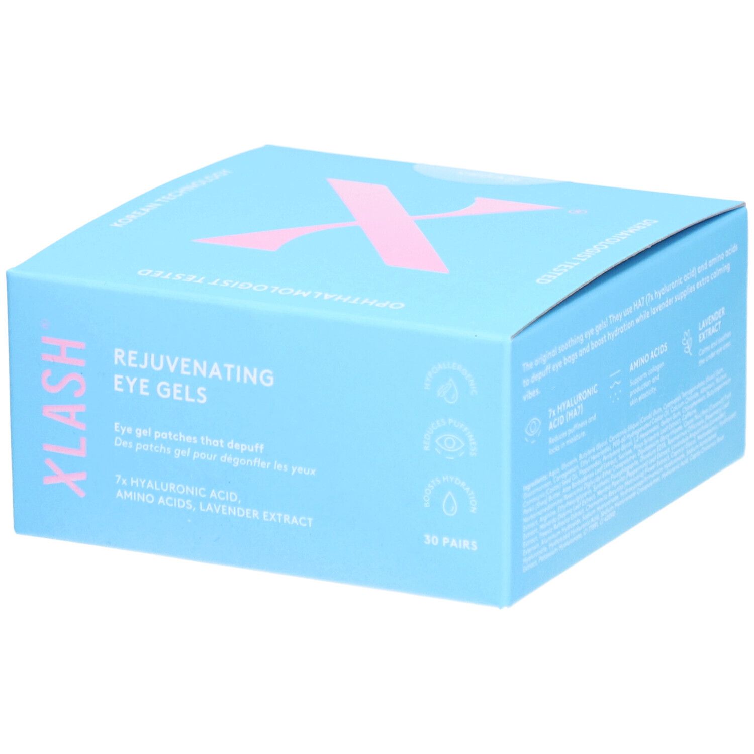 Boîte bleu clair avec logo X rose. Texte: Xlash, Rejuvenating Eye Gels, 30 paires. Contient acide hyaluronique, acides aminés, extrait de lavande.
