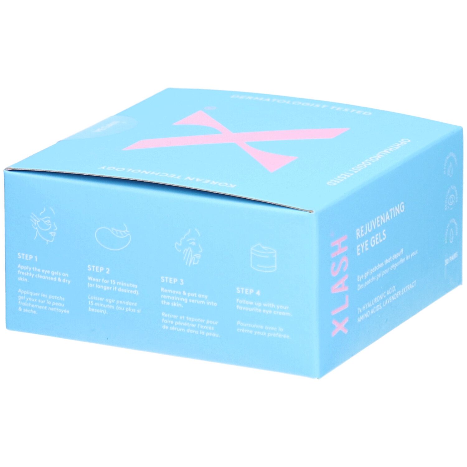 Boîte bleu clair avec logo X rose. Impression: étapes d'utilisation. Texte: Rejuvenating Eye Gels. Emballage avec exemples d'application.