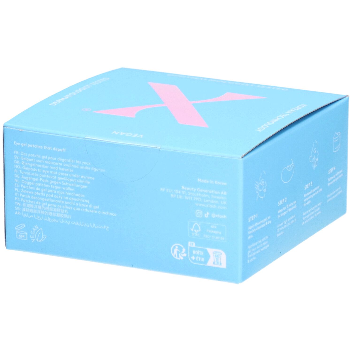 Boîte bleu clair avec logo X rose. Texte: Rejuvenating Eye Gels. Impression: ingrédients, informations fabricant, symboles de recyclage.