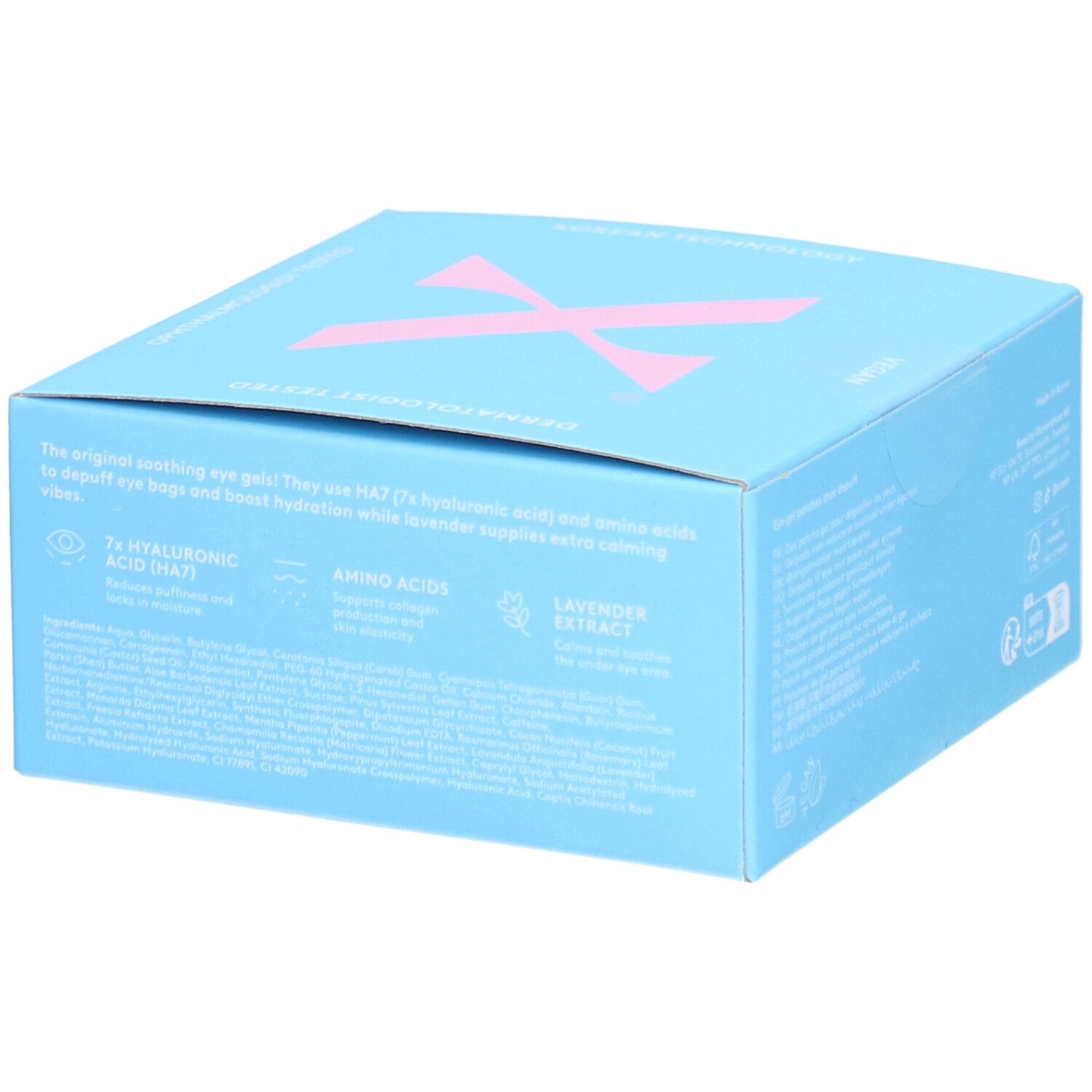 Boîte bleu clair avec logo X rose. Texte: Rejuvenating Eye Gels. Contient acide hyaluronique, acides aminés, extrait de lavande. Description.