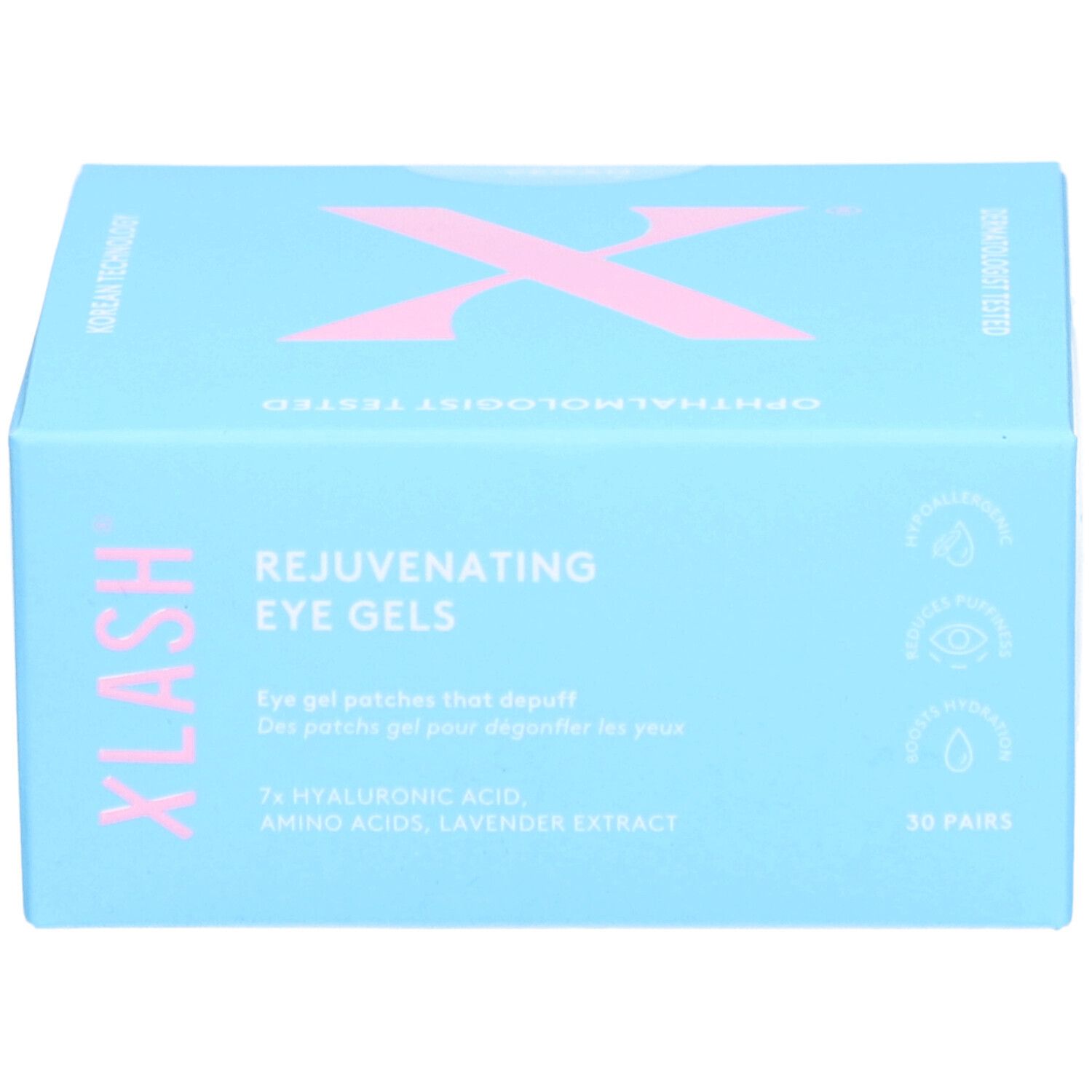 Boîte bleu clair avec logo X rose. Texte: Xlash, Rejuvenating Eye Gels, 30 paires. Contient acide hyaluronique, acides aminés, extrait de lavande.