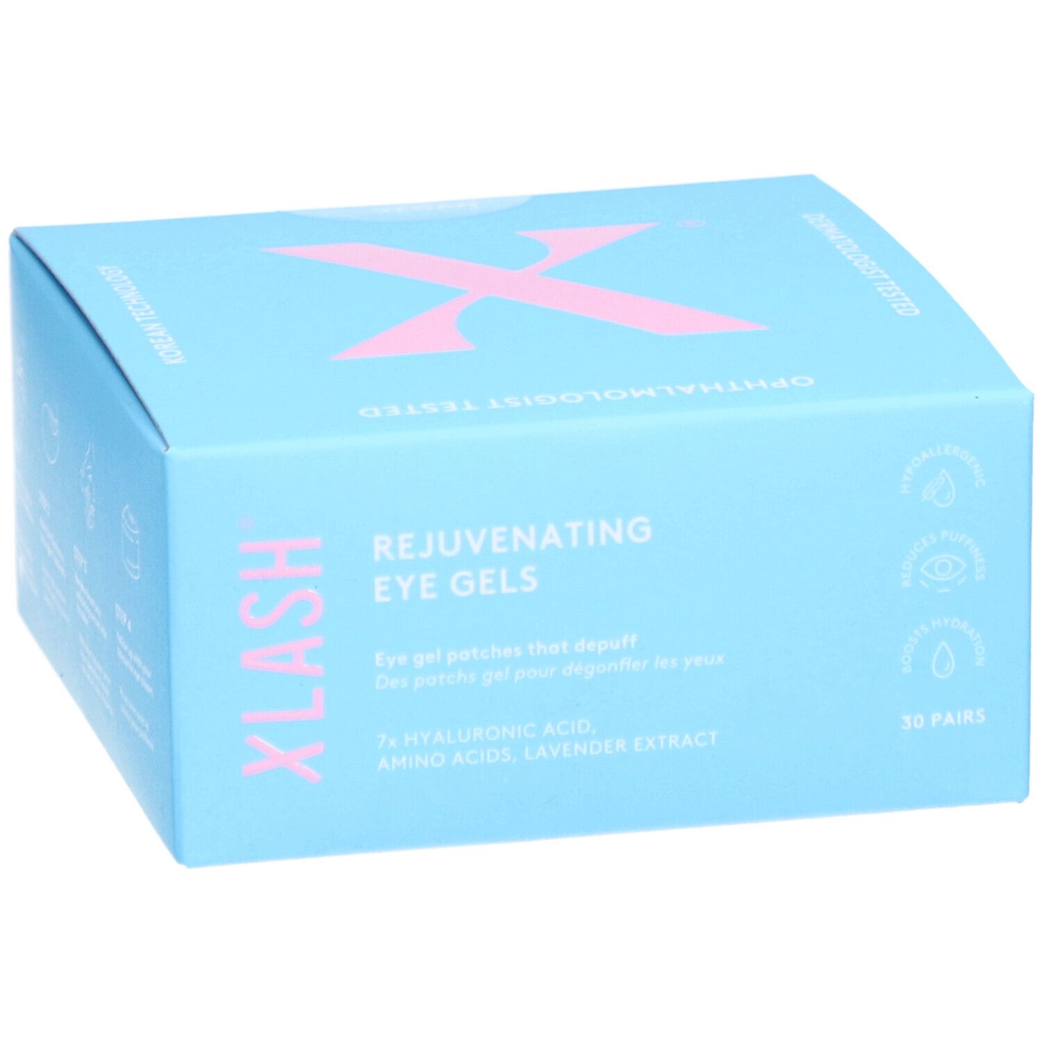 Boîte bleu clair avec logo X rose. Texte: Xlash, Rejuvenating Eye Gels, 30 paires. Emballage, vue en biais.
