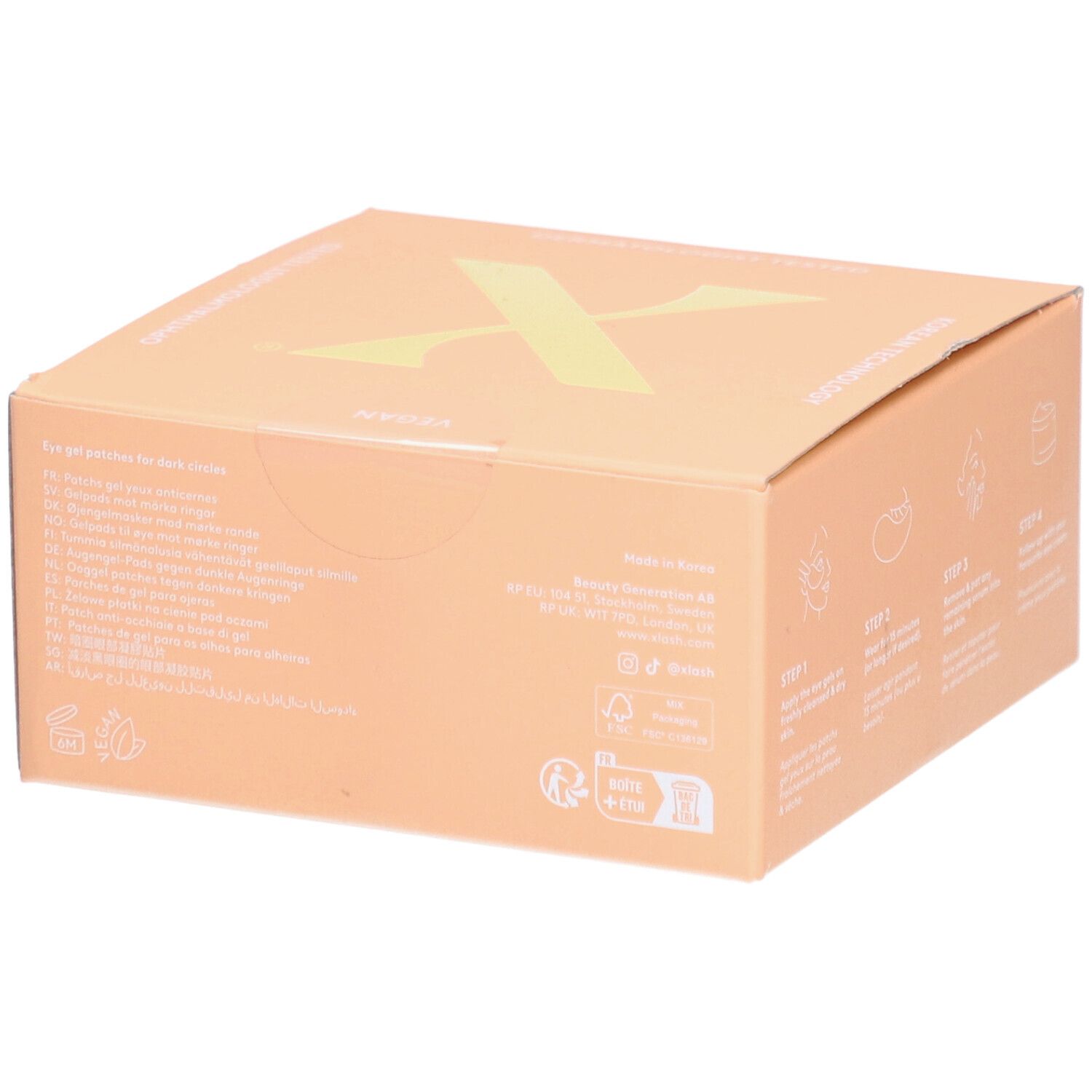 Boîte en carton beige. Logo "X" jaune sur le dessus. Texte sur le côté.